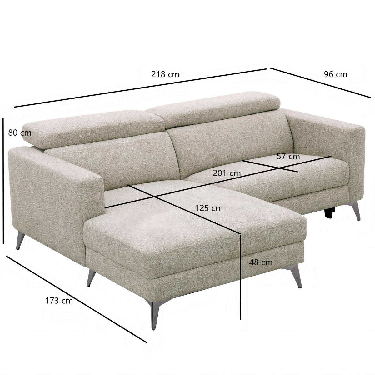 ECKSOFA Beigebraun Chenille  - Chromfarben/Beigebraun, Design, Textil/Metall (173/218cm) - Carryhome