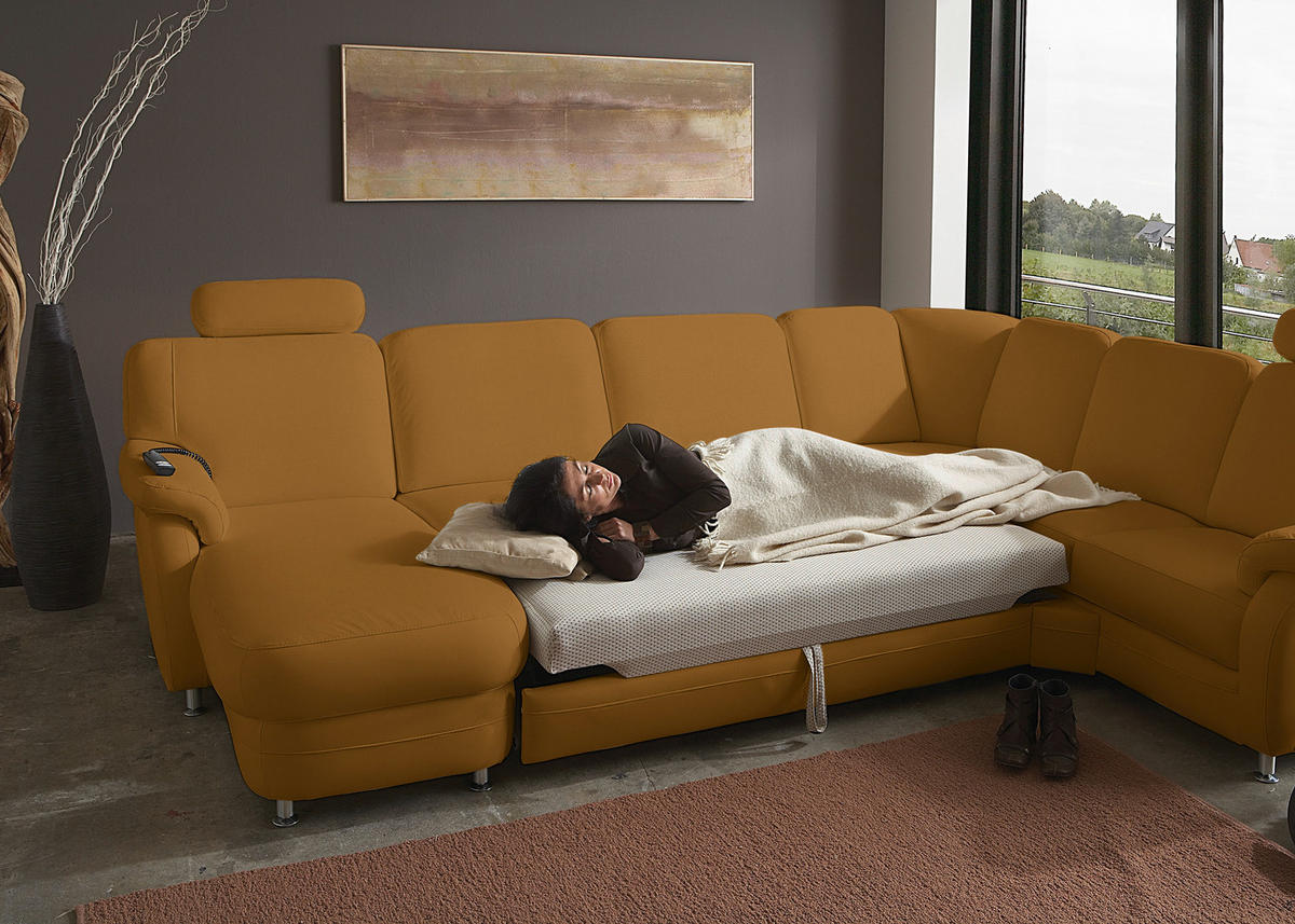 WOHNLANDSCHAFT Echtleder Senfgelb  - Senfgelb/Alufarben, Konventionell, Leder/Metall (165/329/239cm) - Beldomo Premium