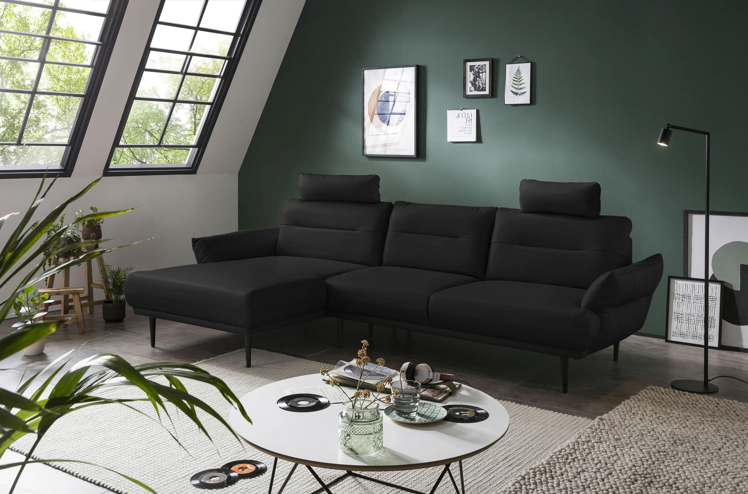 ECKSCHLAFSOFA Schwarz Lederlook  - Schwarz, Design, Holz/Textil (158/287cm) - Livetastic
