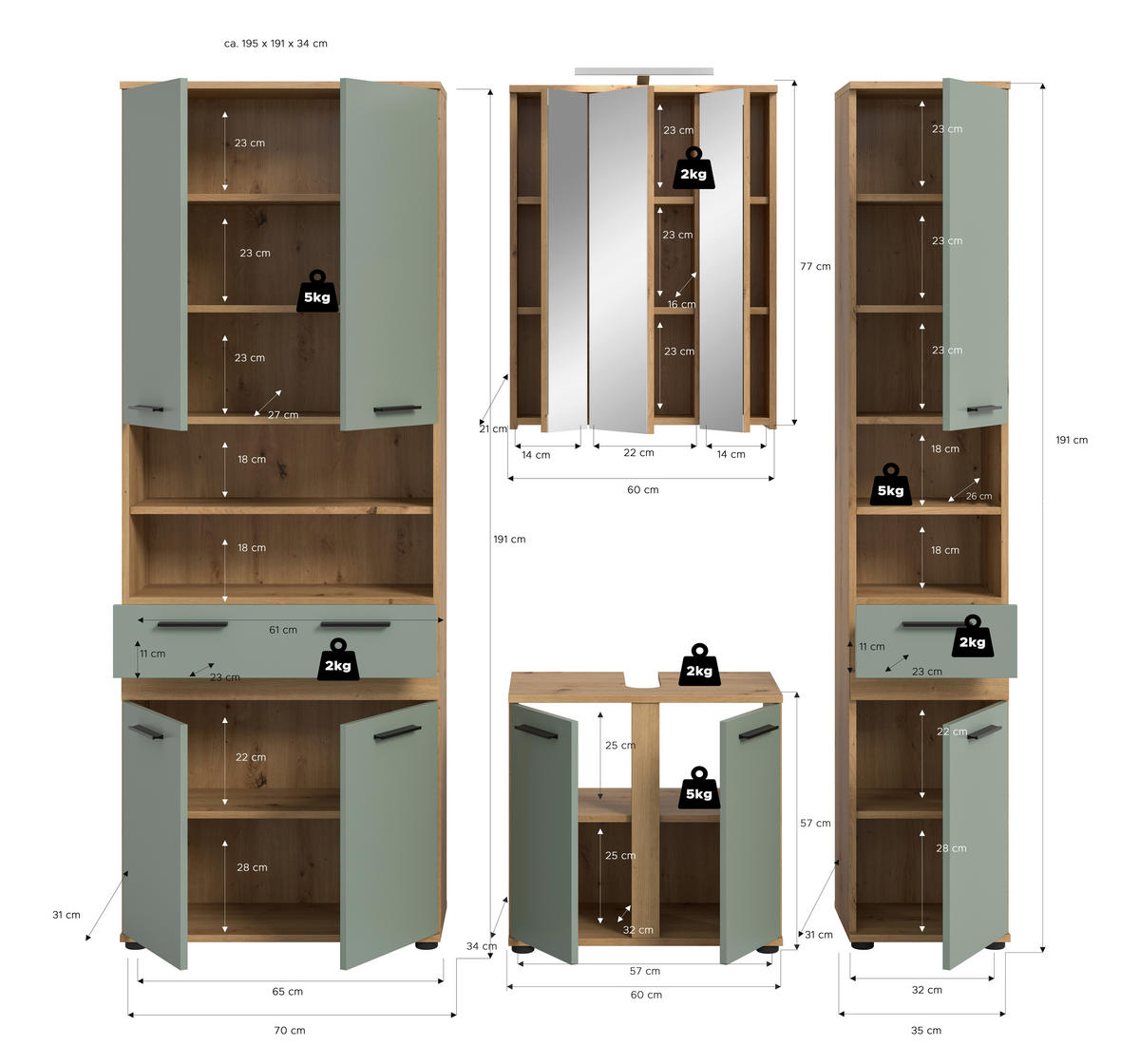 BADEZIMMER 5-teilig  in 195 cm  - Salbeigrün/Schwarz, Trend, Glas/Holzwerkstoff (195cm) - MID.YOU