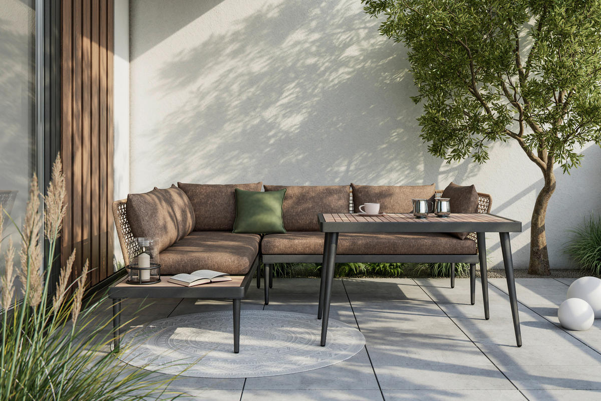 GARTENGARNITUR 3-teilig  - Schwarz/Grau, KONVENTIONELL, Holz/Metall (186/227cm) - Ambia Garden