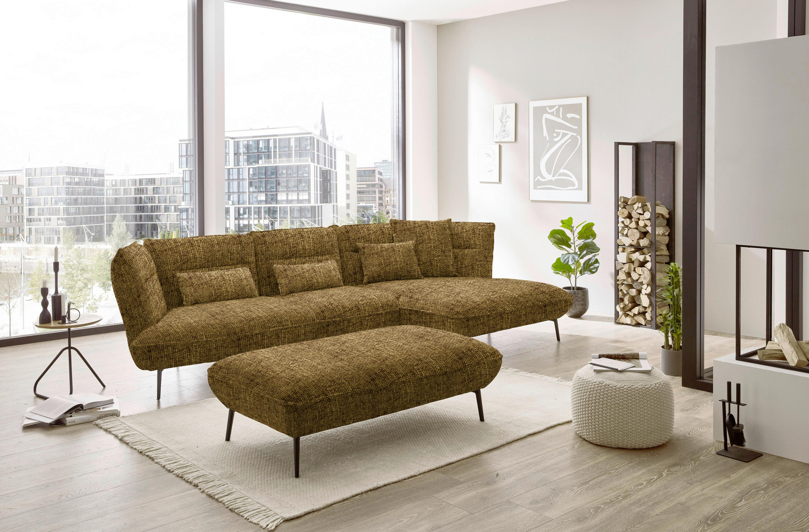 ECKSOFA in Flachgewebe Gelb, Grün  - Gelb/Schwarz, Design, Textil/Metall (339/153cm) - Moderano