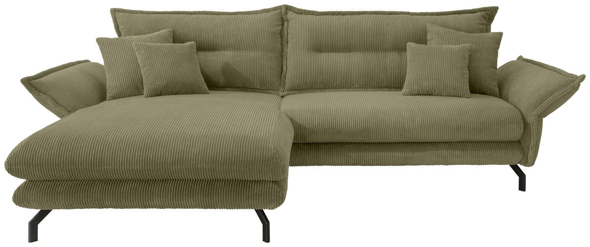 Wohnlandschaft in Cord Olivgrün  - Schwarz/Olivgrün, Modern, Textil/Metall (180/255cm) - Livetastic