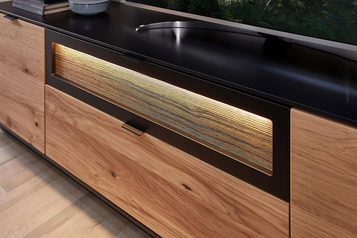 WOHNWAND  in Schwarz, Eichefarben  275/200/45 cm  - Eichefarben/Schwarz, Design, Glas/Holz (275/200/45cm) - Novel