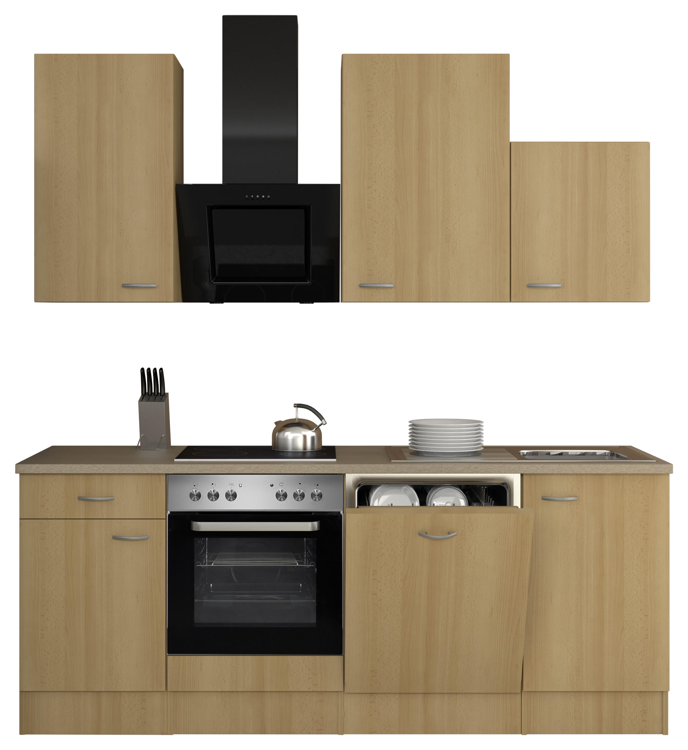 KÜCHENBLOCK 220 cm in Creme, Buchefarben, Edelstahlfarben - Edelstahlfarben/Buchefarben, MODERN (220cm) - MID.YOU