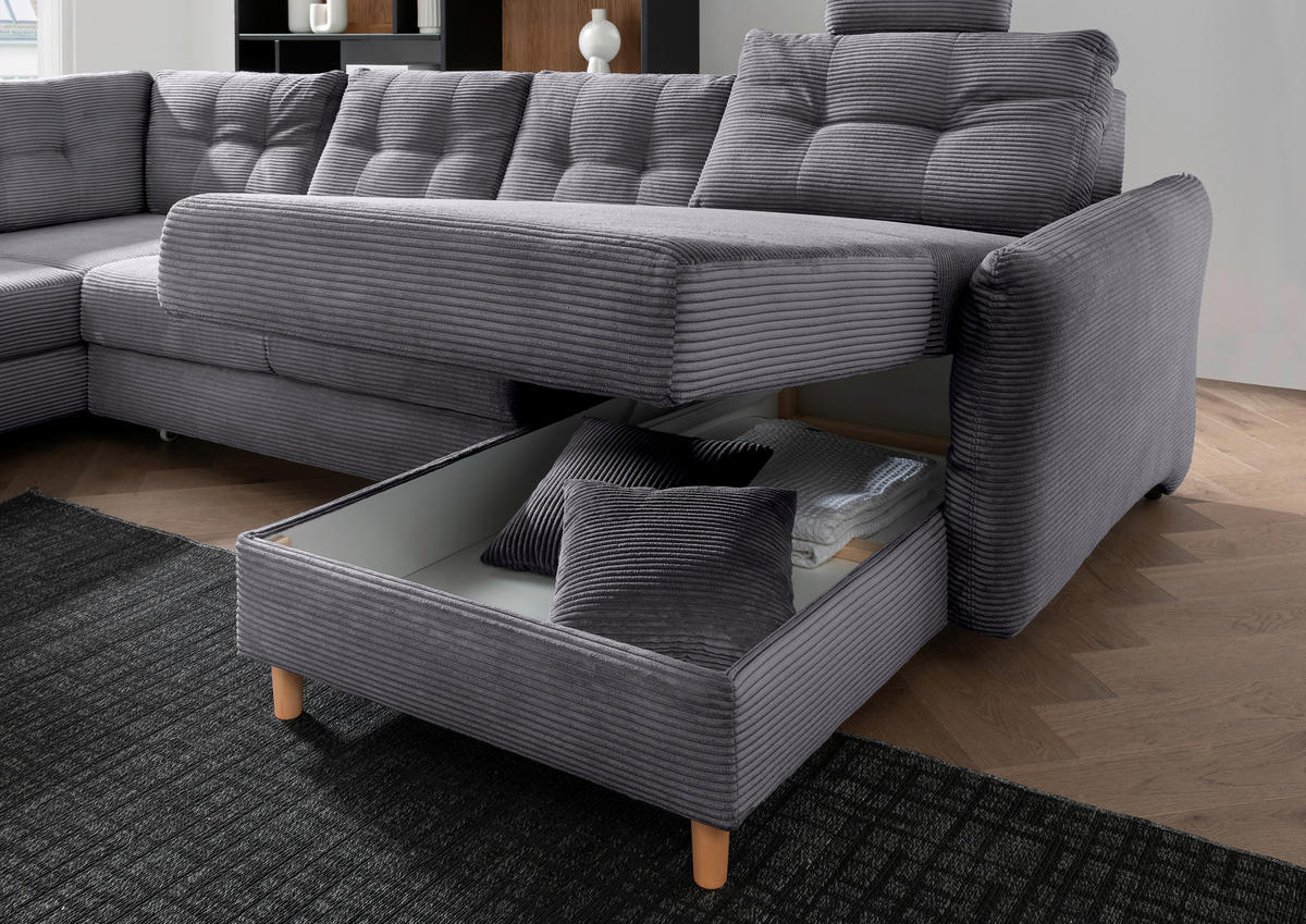 WOHNLANDSCHAFT in Cord Grau  - Naturfarben/Grau, Modern, Holz/Textil (206/338-352/176cm) - Livetastic