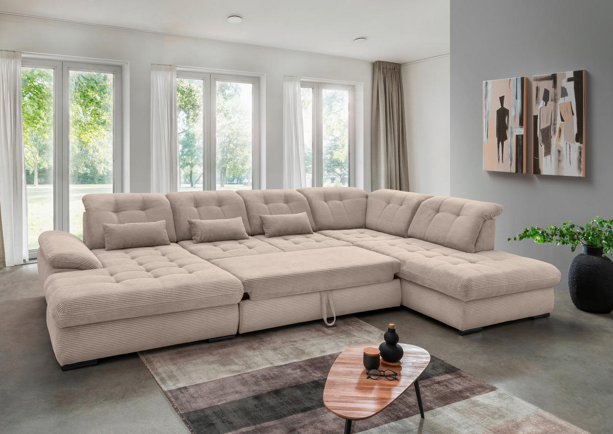 SALON PANORAMIQUE in Cord Beige  - beige/noir, Modern, textile/métal (184/387/252cm) - Livetastic
