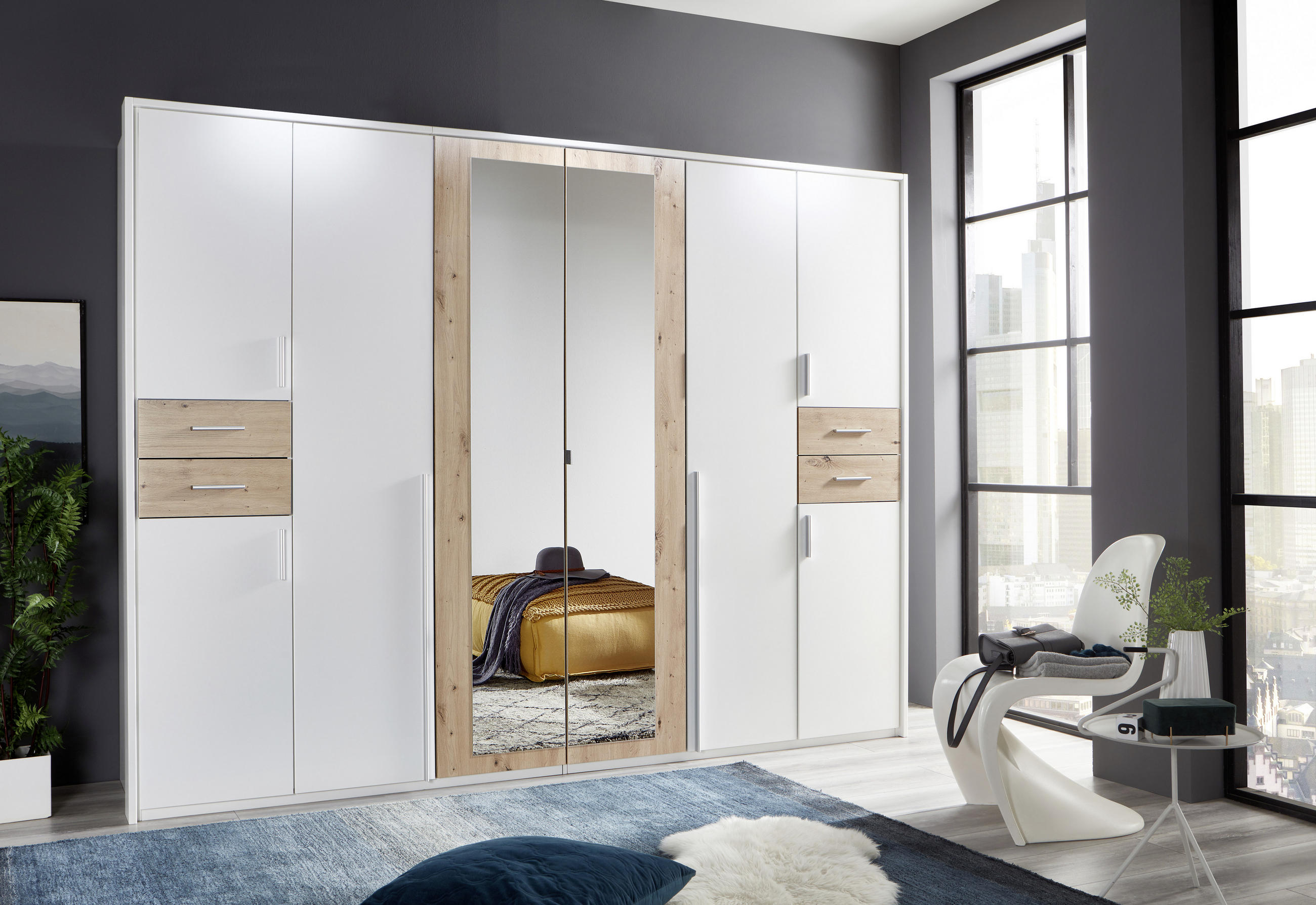 KLEIDERSCHRANK 8-türig Weiß, Eiche Artisan - Silberfarben/Weiß, Basics, Holzwerkstoff/Kunststoff (270/208/58cm) - MID.YOU