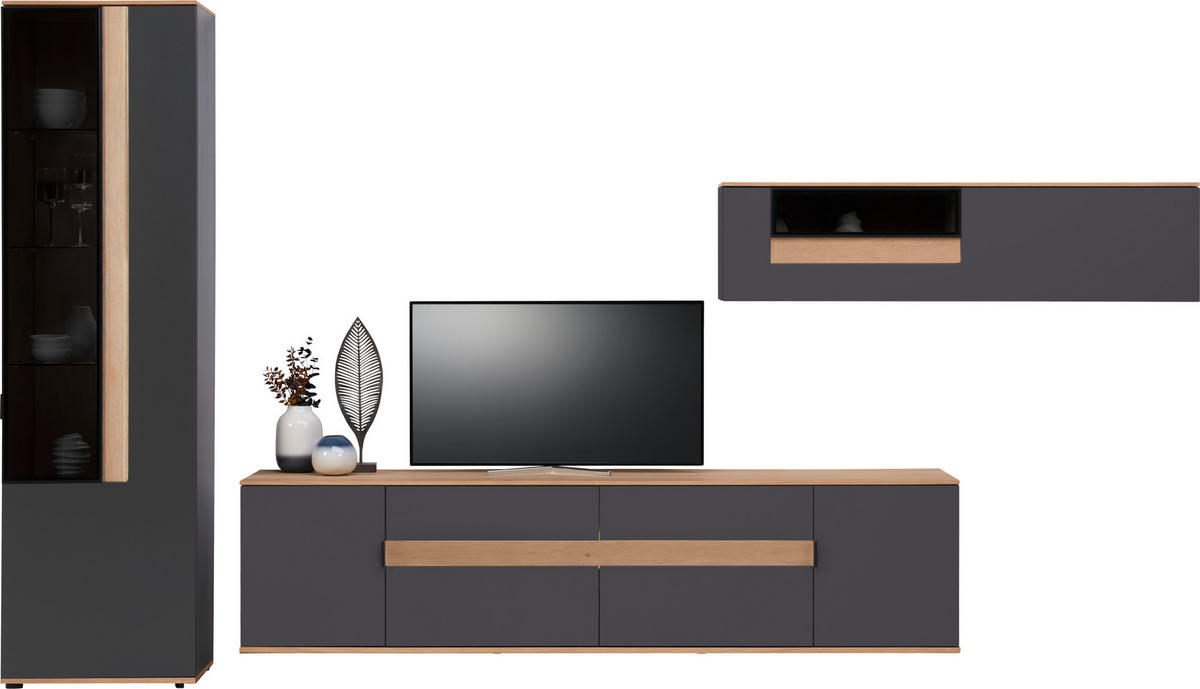 WOHNWAND  in Anthrazit, Eichefarben  370/214,6/48 cm    - Eichefarben/Anthrazit, Design, Glas/Holz (370/214,6/48cm) - Dieter Knoll