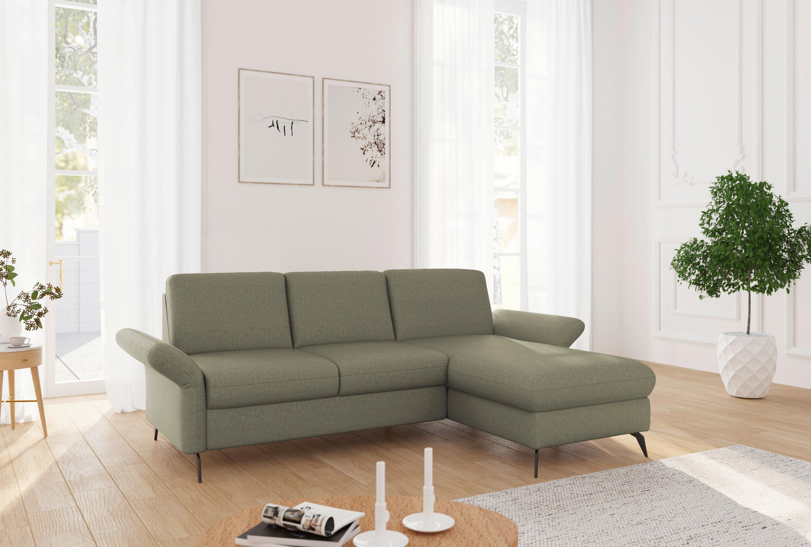 ECKSOFA ROCHELLE E Olivgrün Flachgewebe  - Schwarz/Olivgrün, KONVENTIONELL, Textil/Metall (251/164cm) - Sit & More