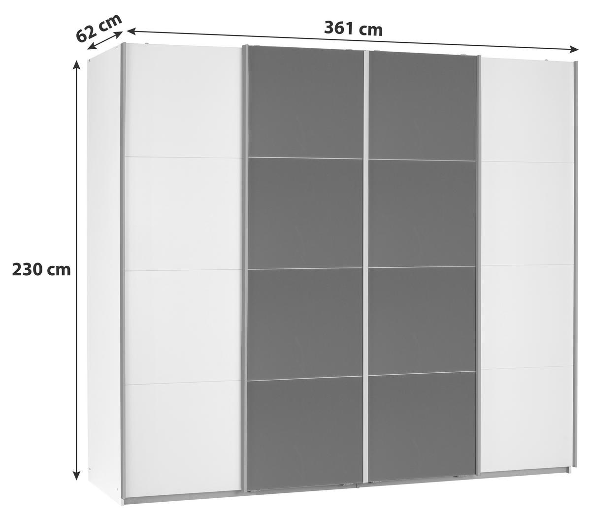 SCHIEBETÜRENSCHRANK 361/230/62 cm 4-türig Weiß  - Dunkelgrau/Alufarben, MODERN, Glas/Holzwerkstoff (361/230/62cm) - James Wood