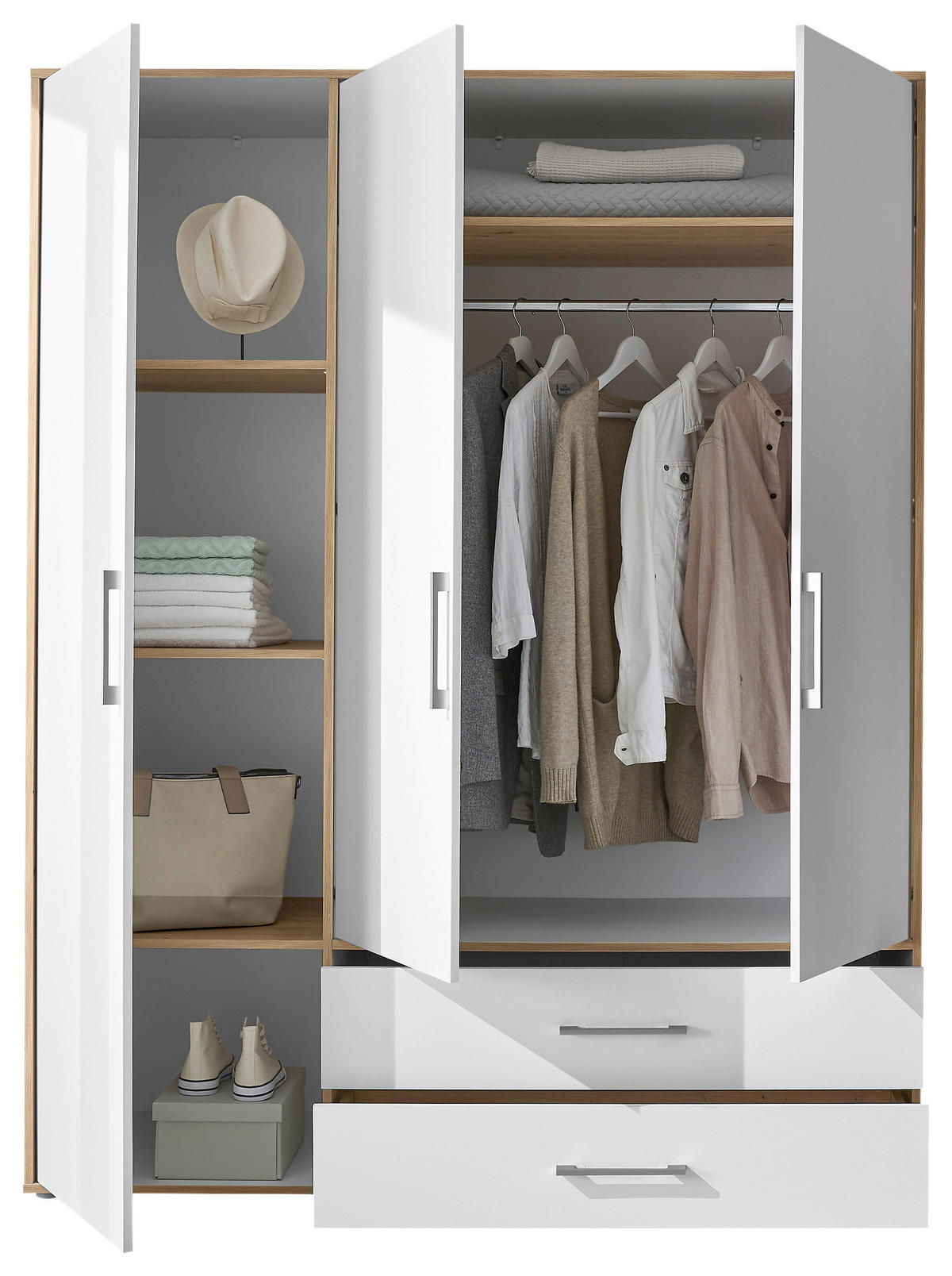 KLEIDERSCHRANK 155/195/60 cm 3-türig Weiß, Eiche Artisan  - Alufarben/Weiß, Basics, Holzwerkstoff/Kunststoff (155/195/60cm)