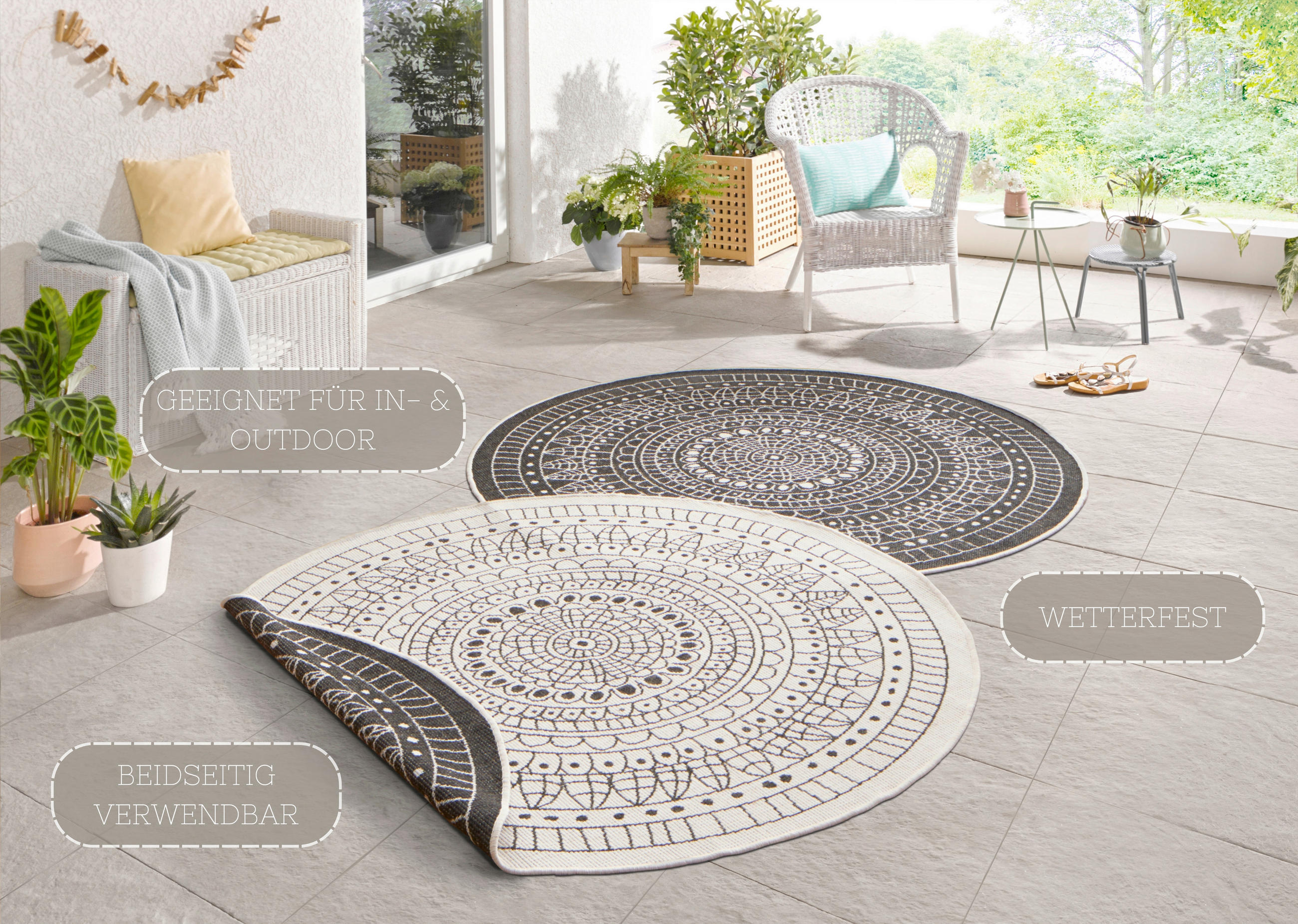 OUTDOORTEPPICH 100 cm Twin Creme, Schwarz  - Creme/Schwarz, Design, Kunststoff (100cm)