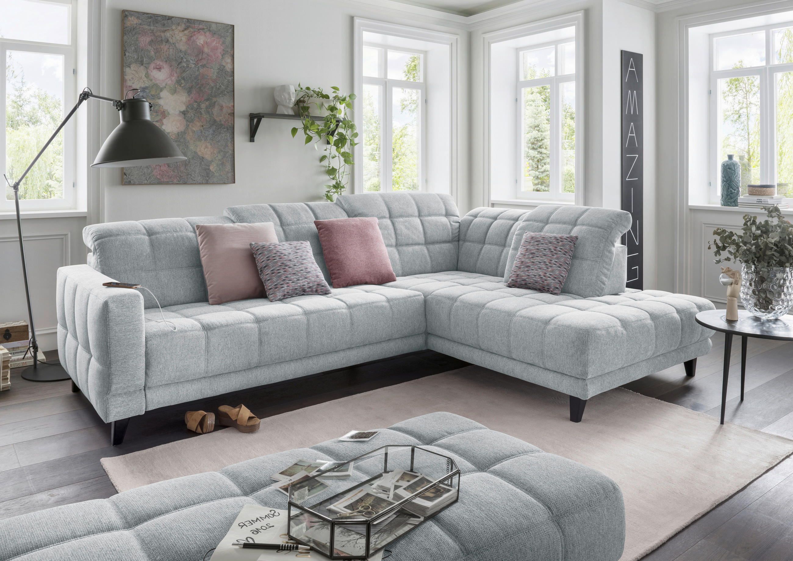 ECKSOFA in Webstoff Hellgrau  302/216 cm  - Hellgrau/Schwarz, Design, Holz/Textil (302/216cm) - Xora