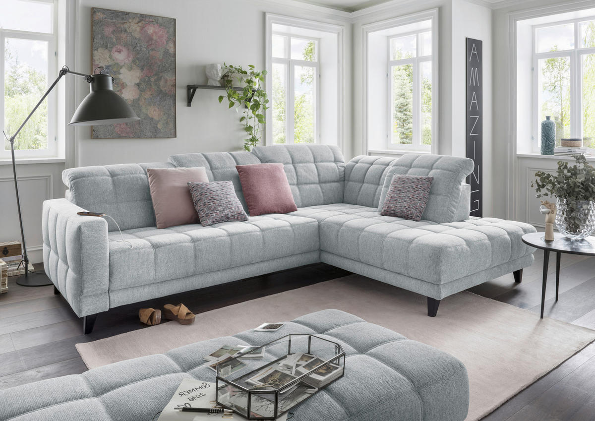 ECKSOFA  in Webstoff Hellgrau  302/216 cm  - Hellgrau/Schwarz, Design, Holz/Textil (302/216cm) - Xora