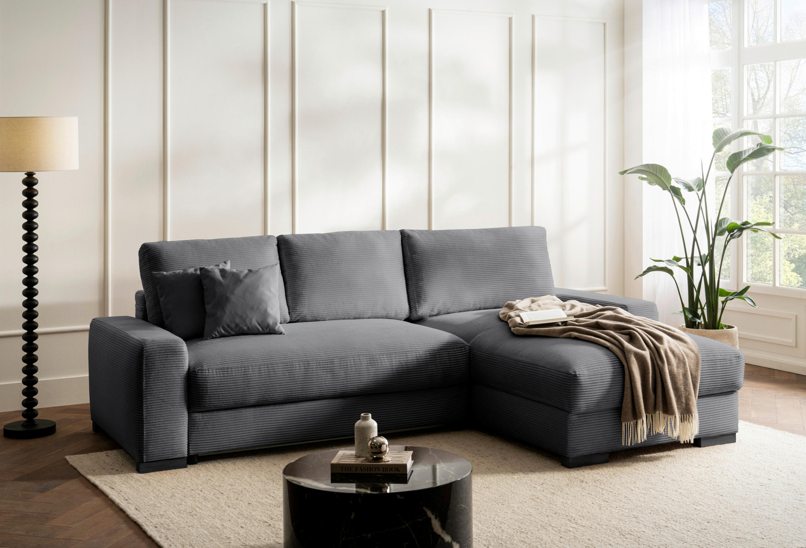 ECKSOFA in Cord Grau  - Schwarz/Grau, Design, Holz/Textil (264/184cm) - Stylife