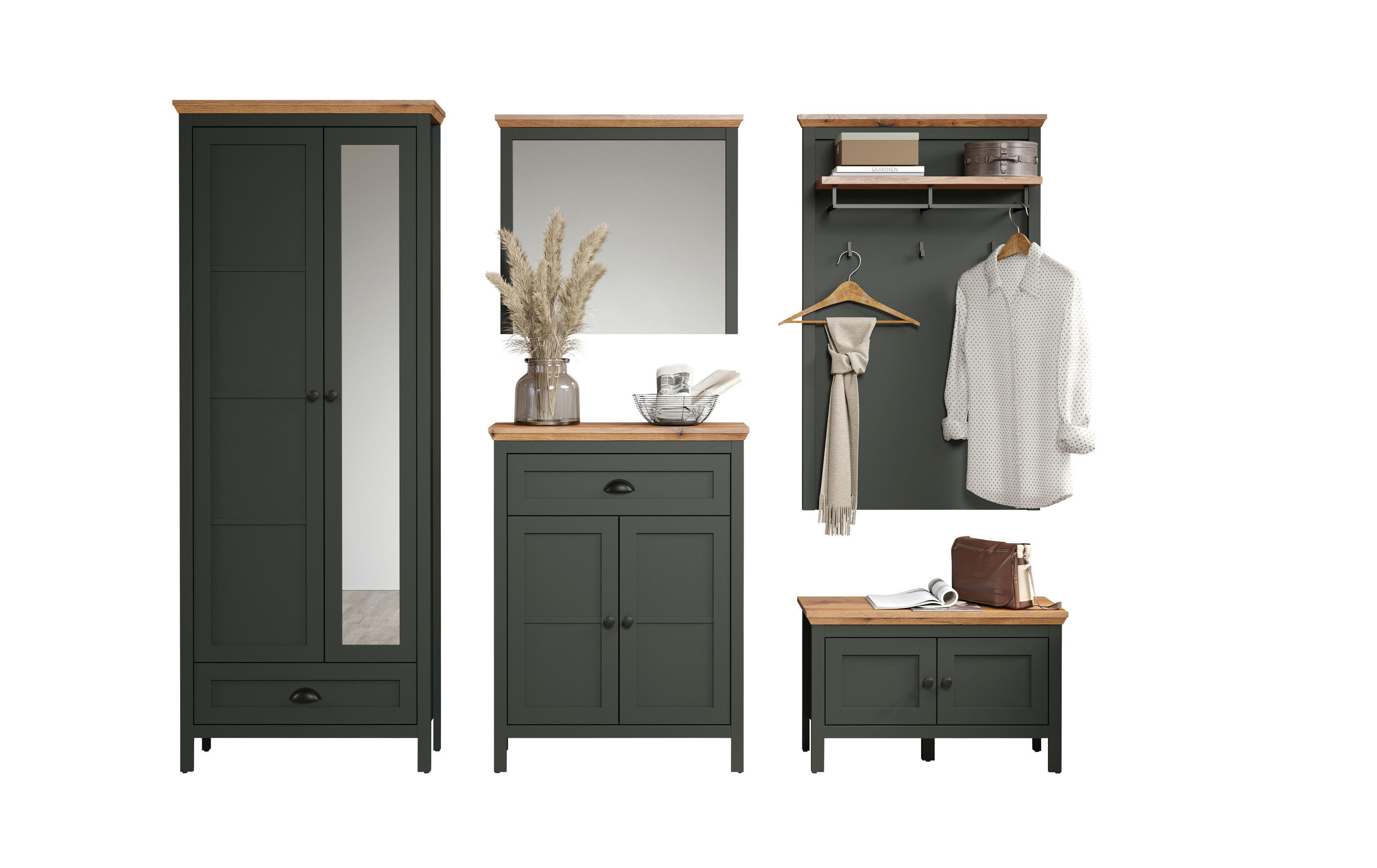 GARDEROBE 5-teilig  in 261/198/39 cm  - Eichefarben/Grün, ROMANTIK / LANDHAUS, Holzwerkstoff (261/198/39cm) - Landscape