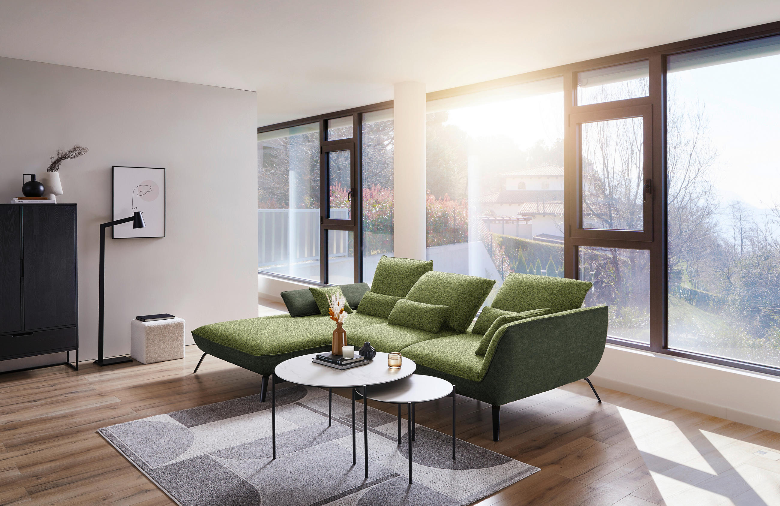 ECKSOFA in Flachgewebe Grün  191/301 cm  - Schwarz/Grün, Design, Textil/Metall (191/301cm) - Moderano