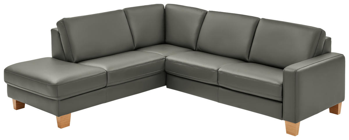 ECKSOFA in Echtleder Grau  235/257 cm  - Eiche Bianco/Grau, Natur, Leder/Holz (235/257cm) - Valdera