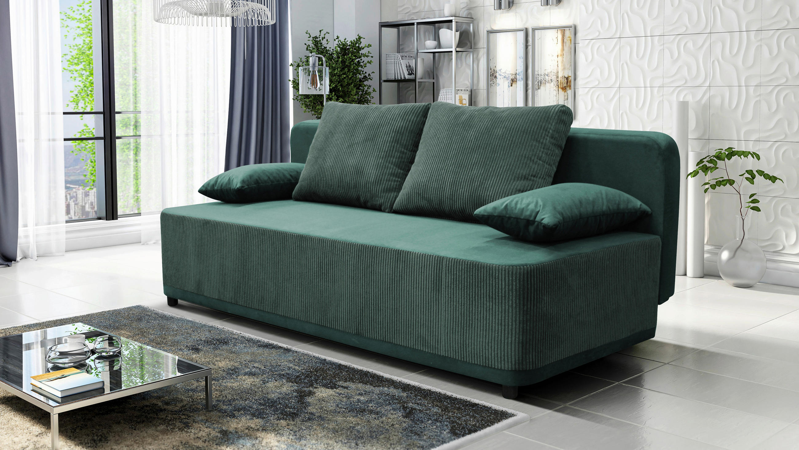 SCHLAFSOFA Velours Grün  inkl. Rückenkissen, Armlehnenkissen, Bettkasten  - Schwarz/Grün, Design, Kunststoff/Textil (197/90/83cm) - MID.YOU