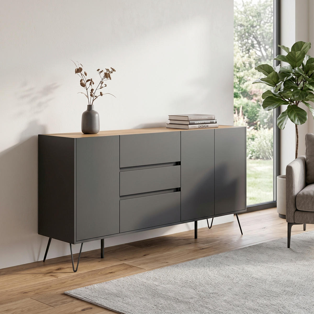 SIDEBOARD Posseik Industrial 177/93,6/42 cm 3 Schublade(n)  - Eichefarben/Graphitfarben, Design, Holzwerkstoff/Metall (177/93,6/42cm) - MID.YOU