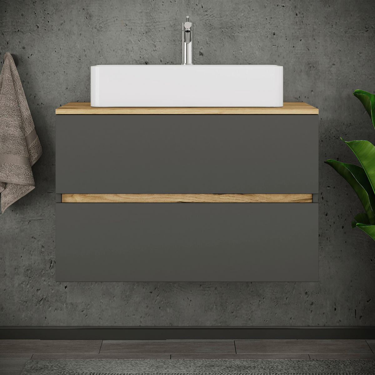KOUPELNA antracitová, medový dub  - bílá/antracitová, Trend, kompozitní dřevo/keramika (80/64/51cm) - MID.YOU