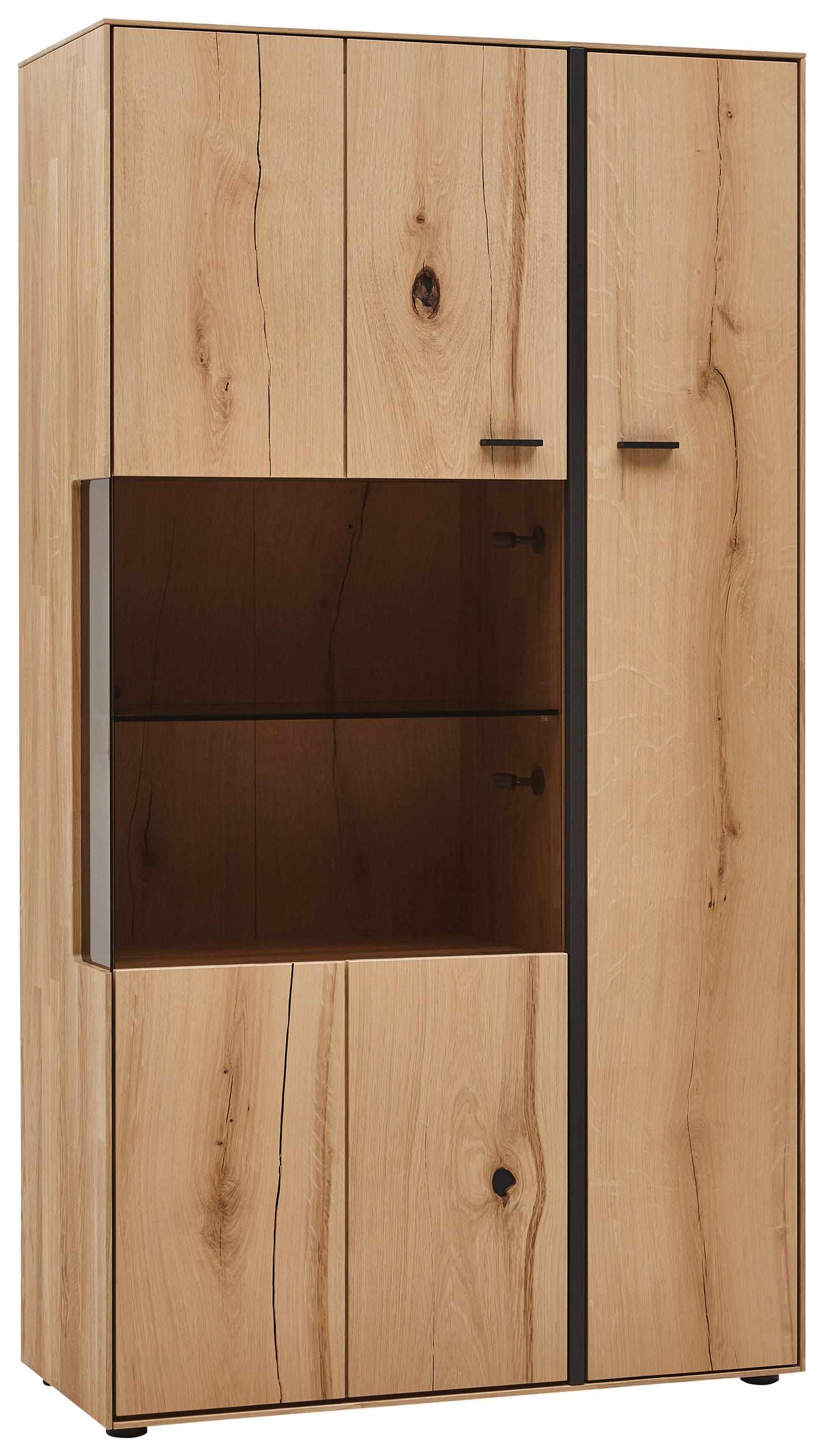 HIGHBOARD Wildeiche, Balkeneiche massiv Schwarz, Eichefarben Einlegeböden Novara - Eichefarben/Schwarz, Design, Glas/Holz (92/167/41cm) - Valnatura