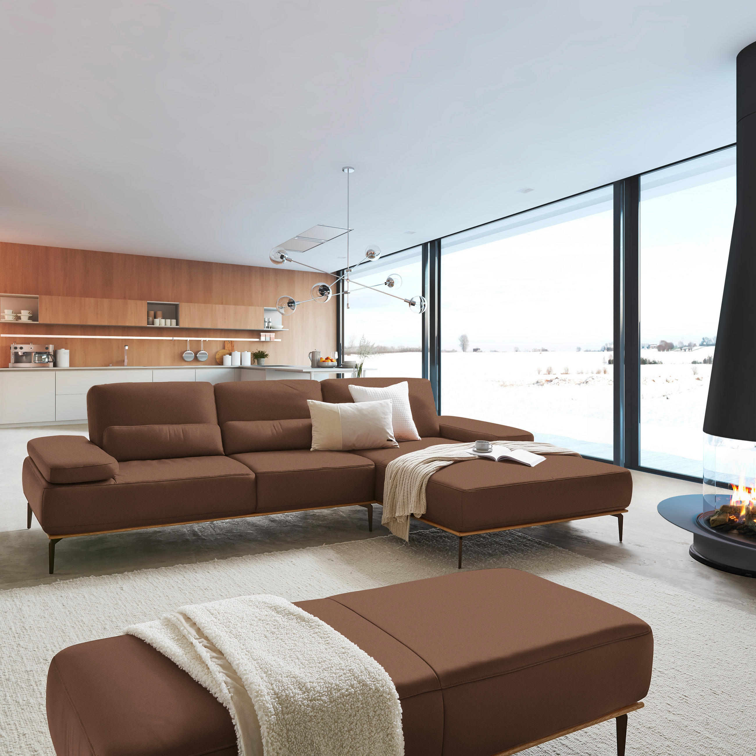 ECKSOFA in Echtleder Braun  - Bronzefarben/Braun, Design, Leder/Holz (314/176cm) - Valnatura