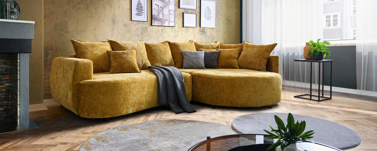 ECKSOFA in Chenille Goldfarben  - Goldfarben/Schwarz, Design, Kunststoff/Textil (307/194cm) - Carryhome