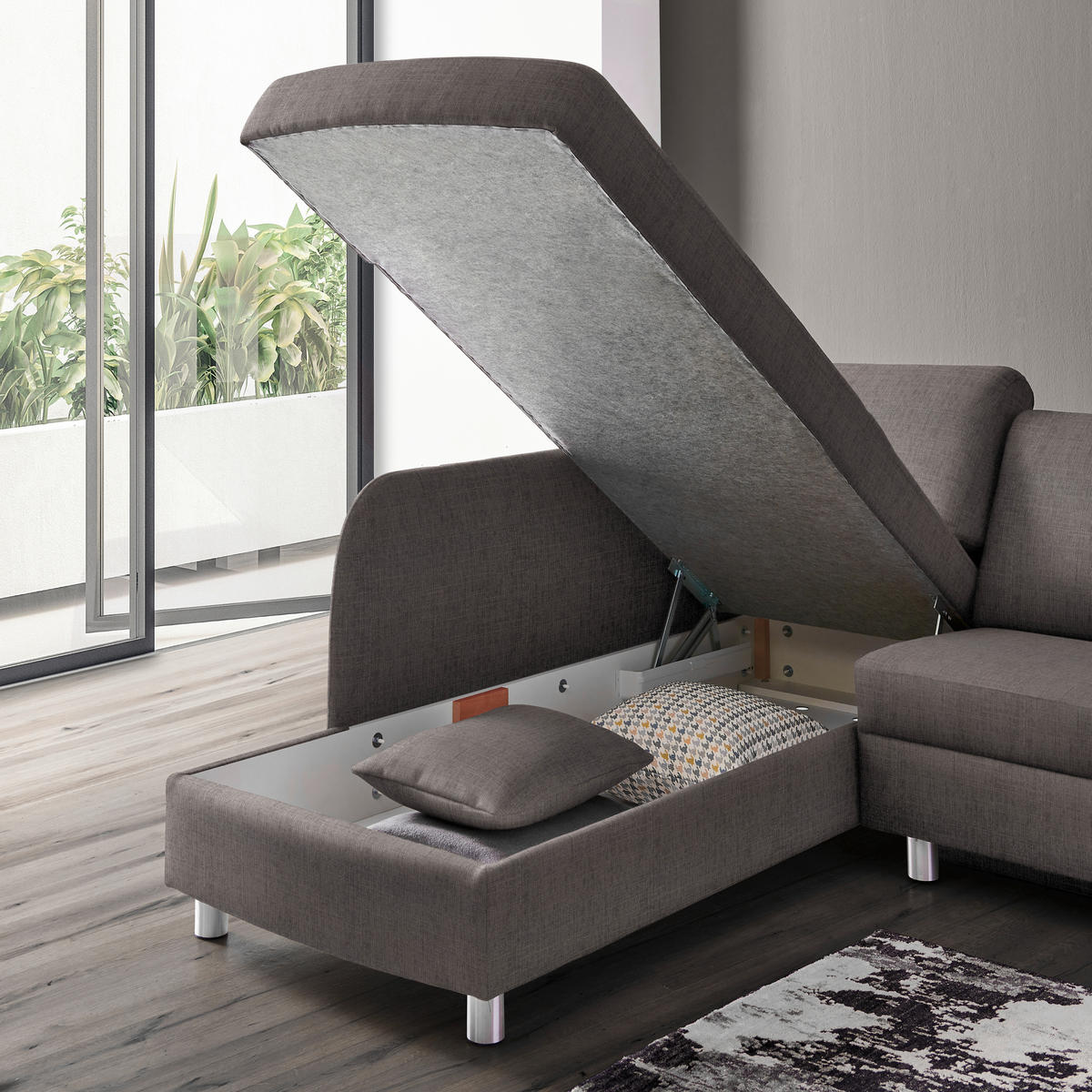 ECKSOFA 208/227 cm  in Chenille Grau Zierkissen, Armlehnenkissen  208/227 cm  - Alufarben/Grau, KONVENTIONELL, Textil/Metall (208/227cm) - Sedda
