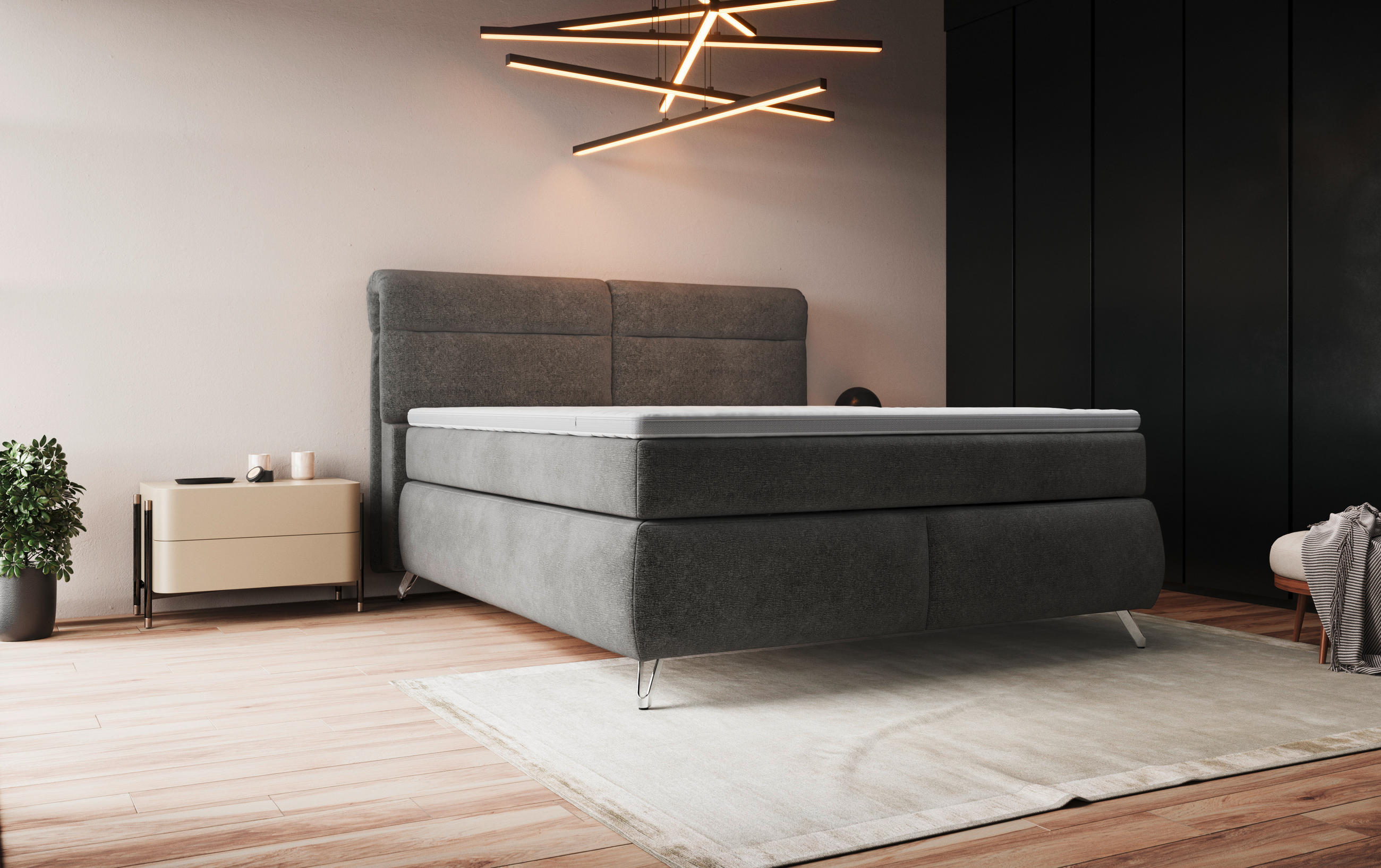 BOXSPRING-ÁGY 180/200 cm  antracit  - króm/antracit, Basics, faalapú anyag/textil (180/200cm) - Carryhome