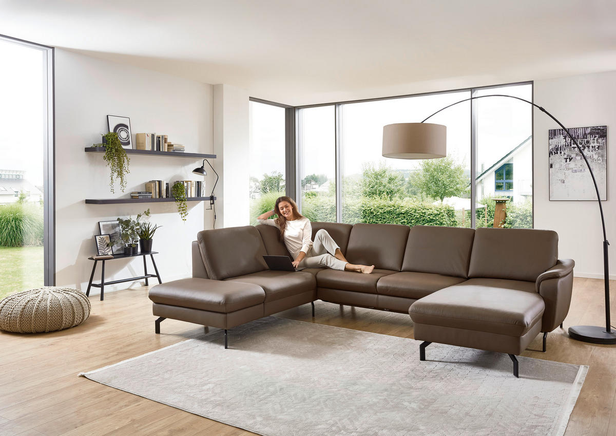 WOHNLANDSCHAFT Beldomo premium Braun Echtleder  - Schwarz/Braun, KONVENTIONELL, Leder/Metall (224/306/168cm) - Beldomo Premium