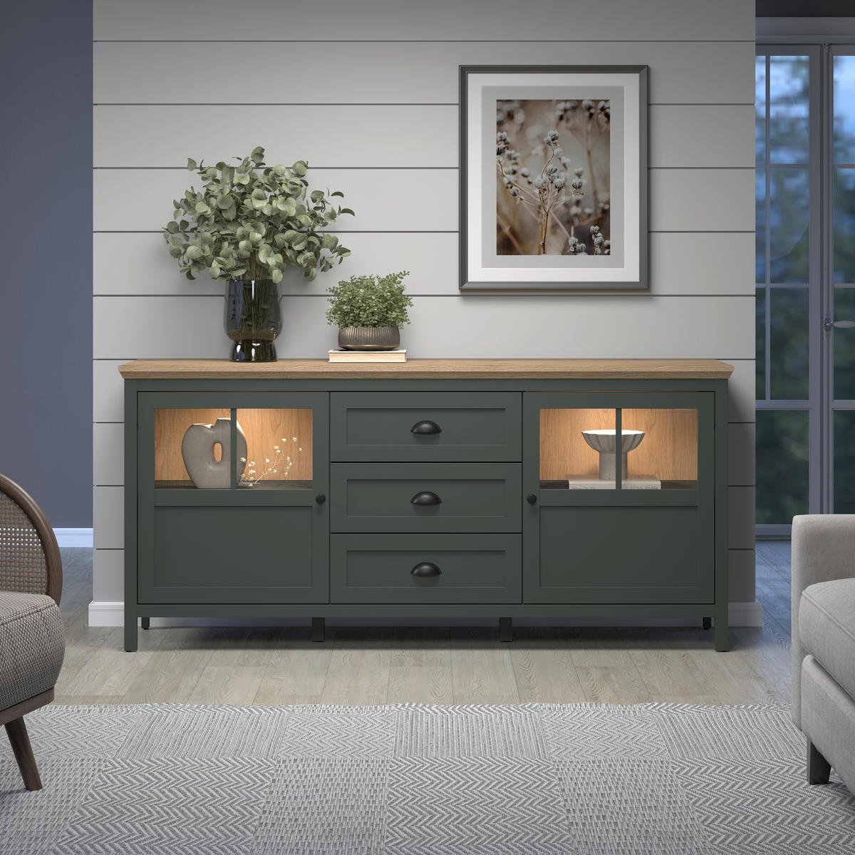 SIDEBOARD STANTON 185/86/45 cm 3 Schublade(n)  - Waldgrün/Schwarz, Design, Glas/Holzwerkstoff (185/86/45cm) - MID.YOU