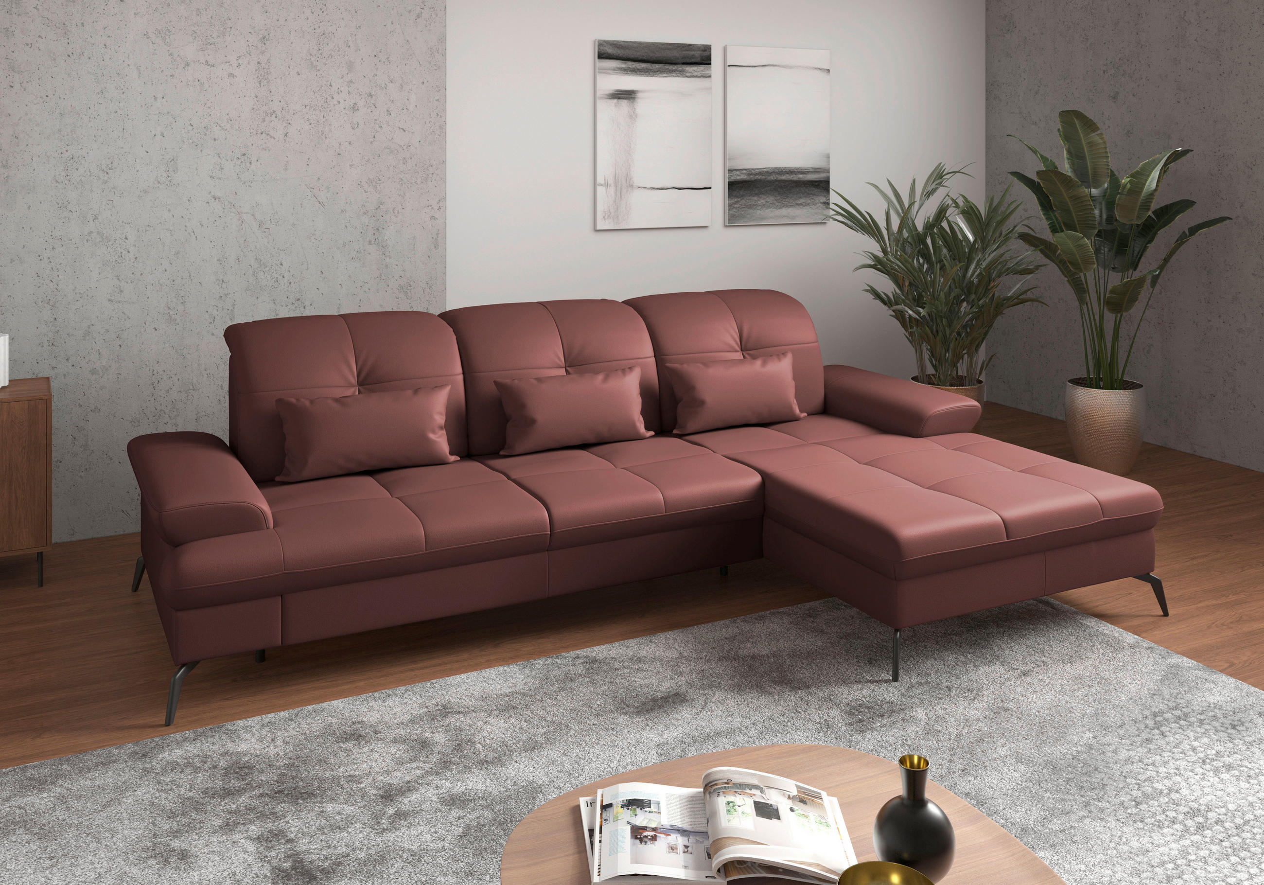 ECKSOFA Rotbraun Echtleder  - Rotbraun/Schwarz, KONVENTIONELL, Leder/Metall (279/185cm) - Sit & More