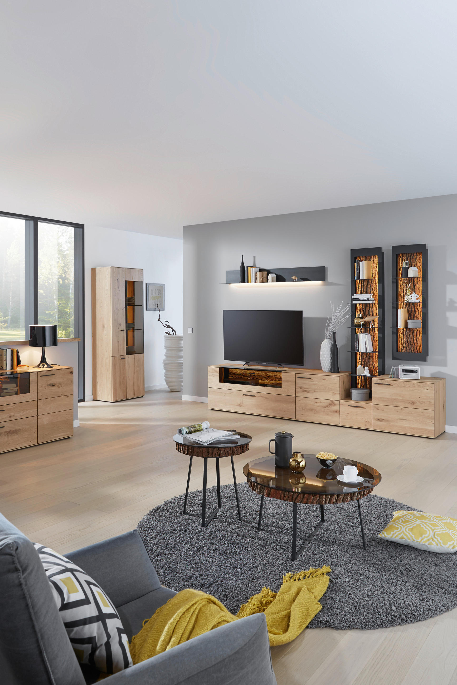 WOHNWAND  in Anthrazit, Eichefarben  298/214/49 cm   - Eichefarben/Anthrazit, Natur, Glas/Holz (298/214/49cm) - Valnatura