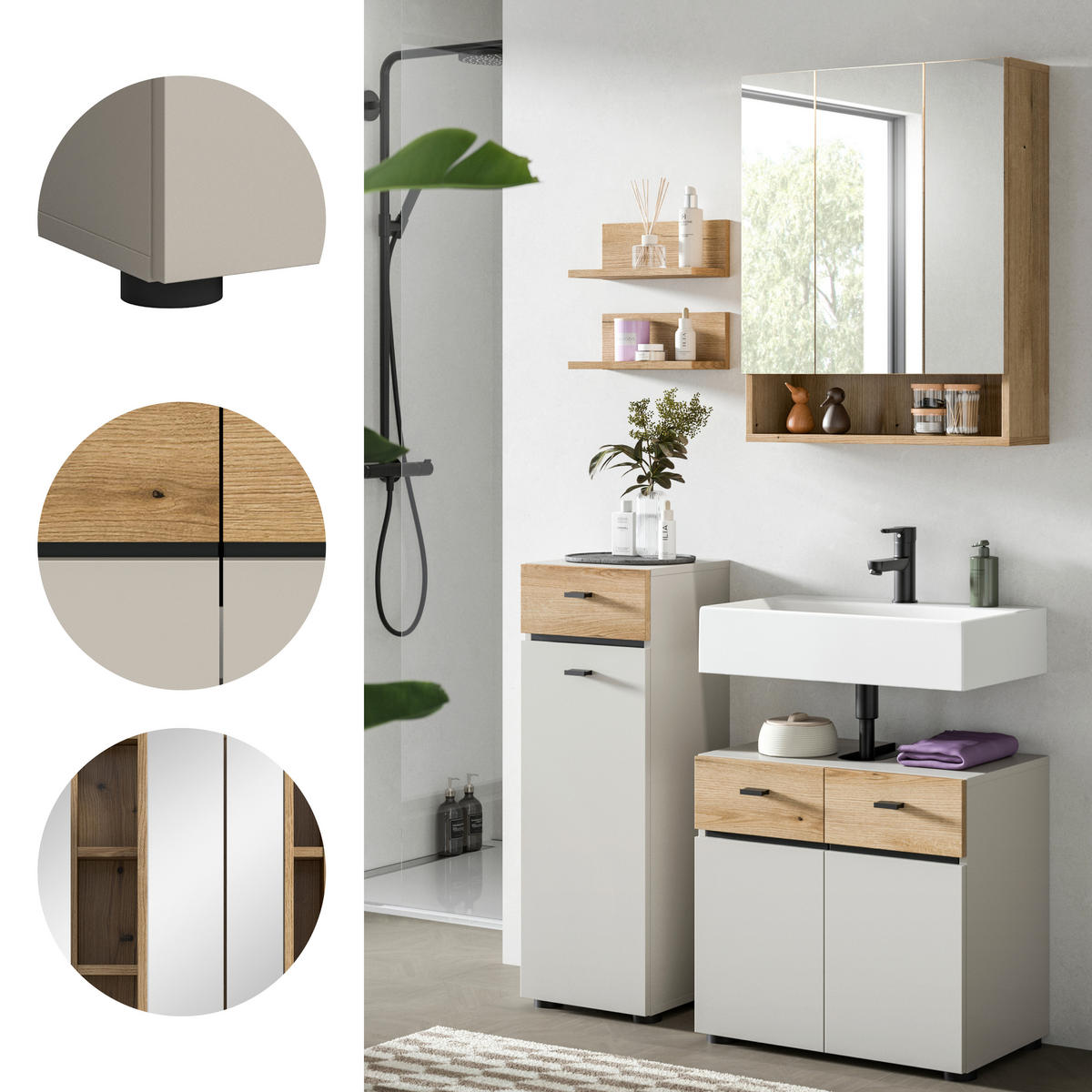 BADEZIMMER 4-teilig  in 92 cm  - Kaschmir/Eichefarben, Trend, Glas/Holzwerkstoff (92cm) - MID.YOU