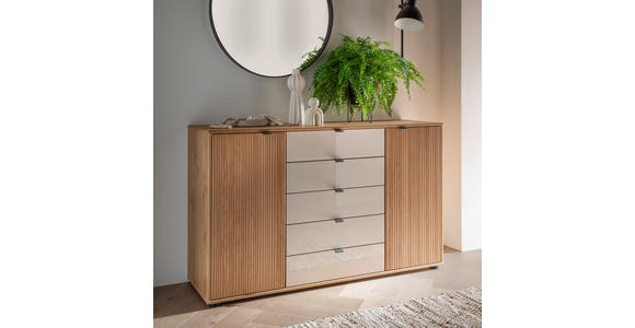 KOMMODE , 141/86/43 cm, 5 Schublade(n)  - Eiche Bianco/Schieferfarben, KONVENTIONELL, Glas/Holz (141/86/43cm) - Venda