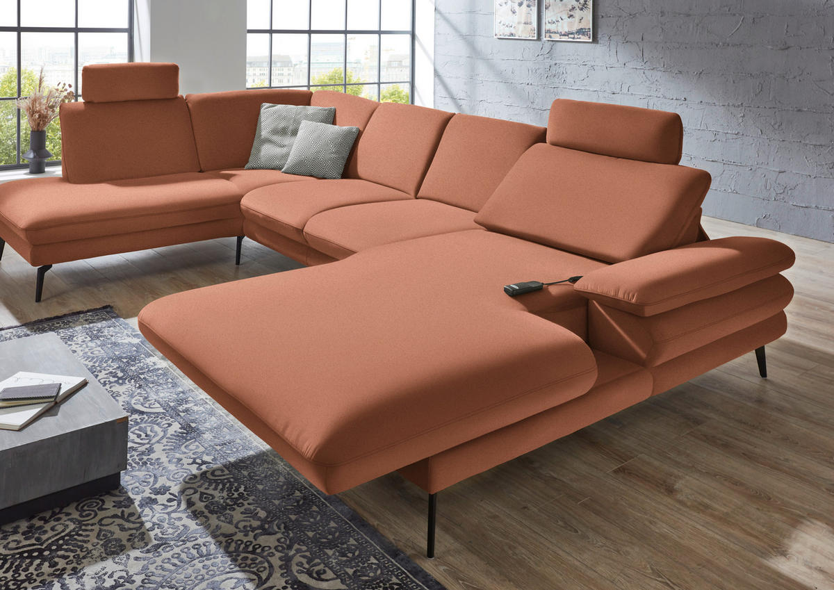 WOHNLANDSCHAFT in Webstoff Orange  - Schwarz/Orange, Design, Textil/Metall (208/344/180cm) - Dieter Knoll