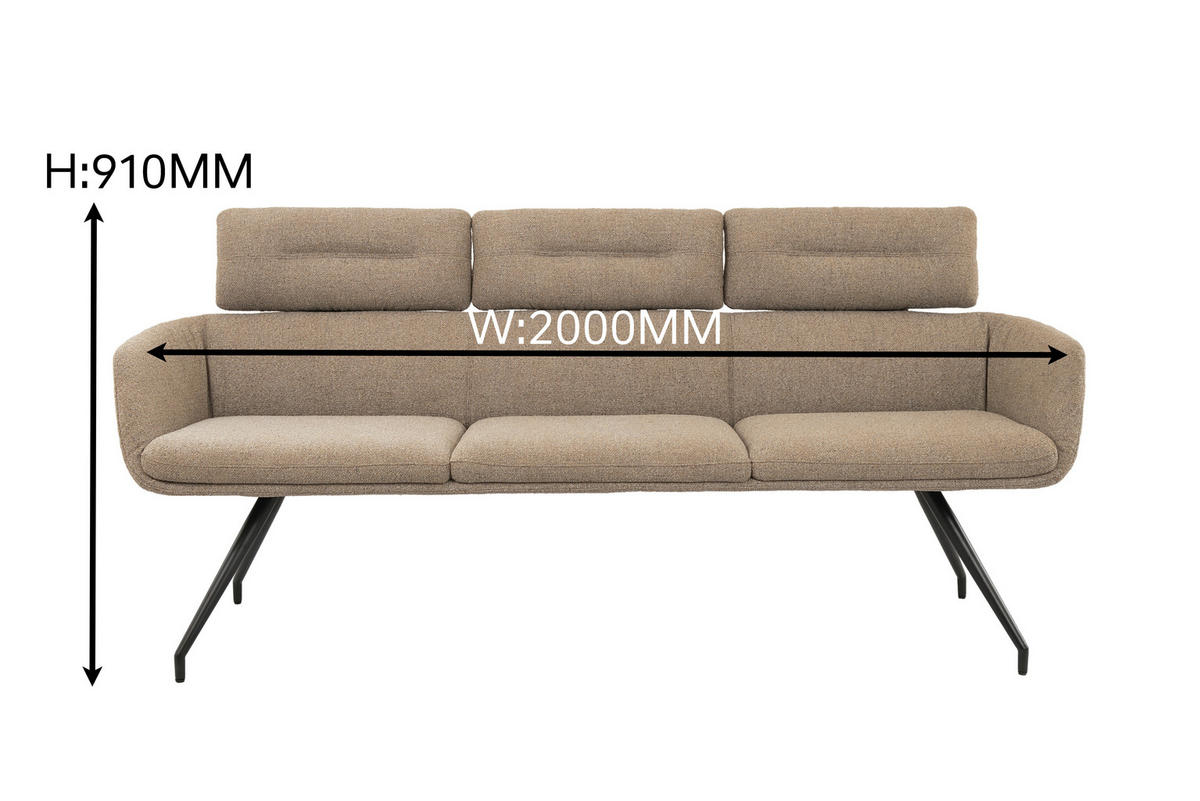 SITZBANK 200/91/70 cm Webstoff Schwarz, Graubraun  - Graubraun/Schwarz, Design, Textil/Metall (200/91/70cm) - Dieter Knoll