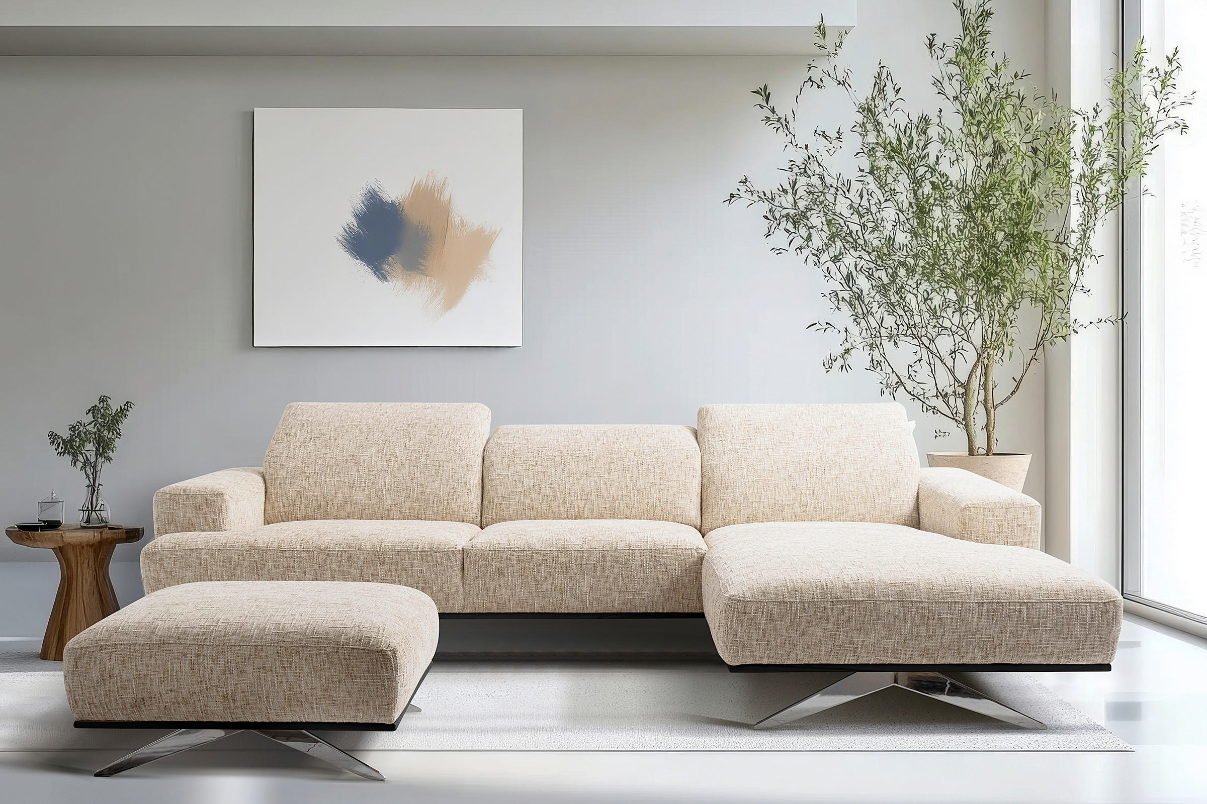 ECKSOFA PORTLAND in Struktur Beige Kopfteilverstellung  295/187 cm  - Chromfarben/Beige, Design, Holz/Textil (295/187cm) - Livetastic