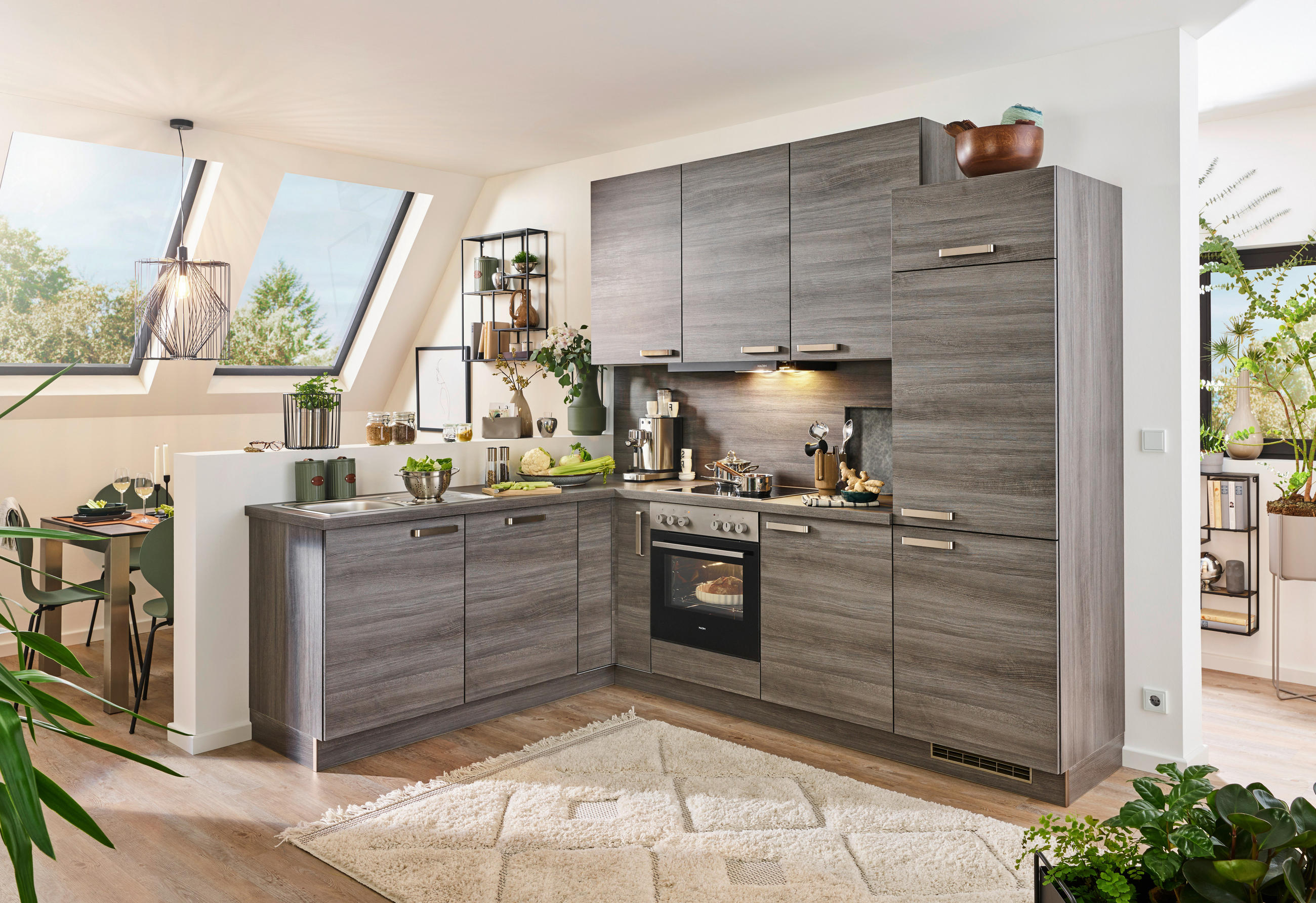 ECKKÜCHE PLAN 200/260 cm  in Eichefarben  - Edelstahlfarben/Eichefarben, Design, Holzwerkstoff/Metall (200/260cm) - Express