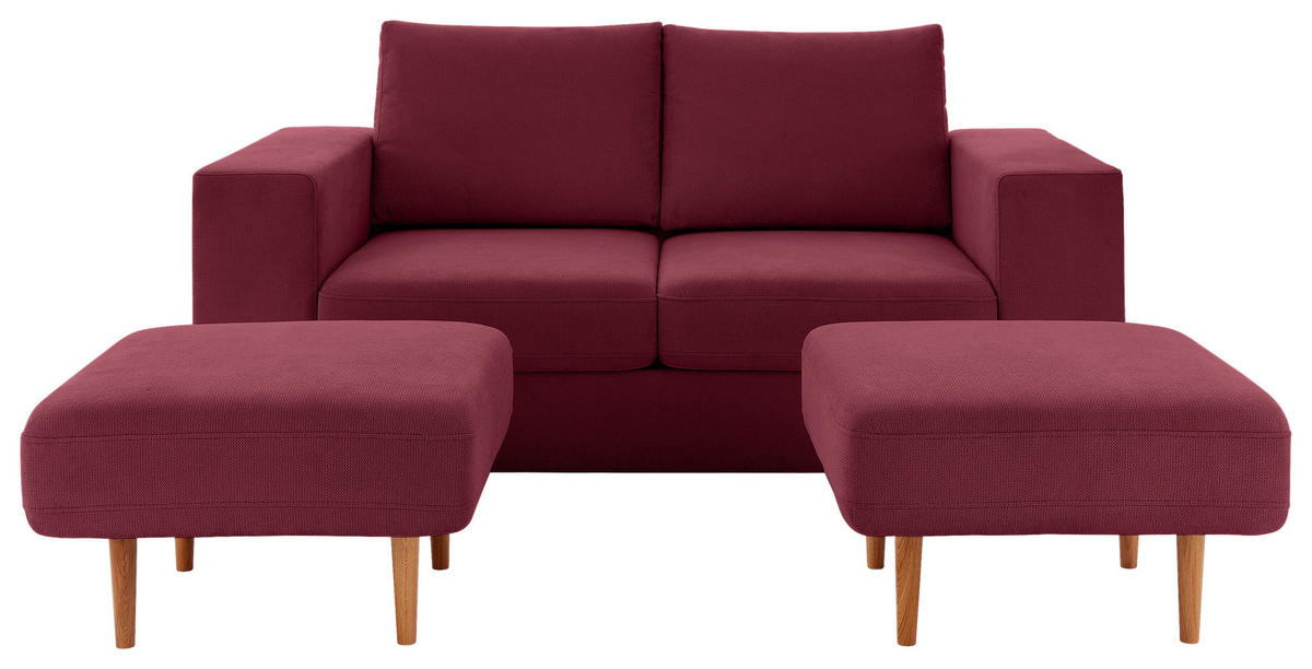 DREISITZER-SOFA inkl. Hocker in Webstoff Rot, Beere  - Eichefarben/Beere, Design, Holz/Textil (212/96/107cm) - LOOKS by W.Joop