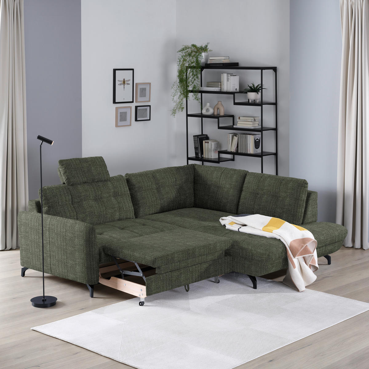 ECKSOFA in Flachgewebe, Leinenoptik Grün  - Schwarz/Grün, Modern, Textil/Metall (247/208cm) - Xora