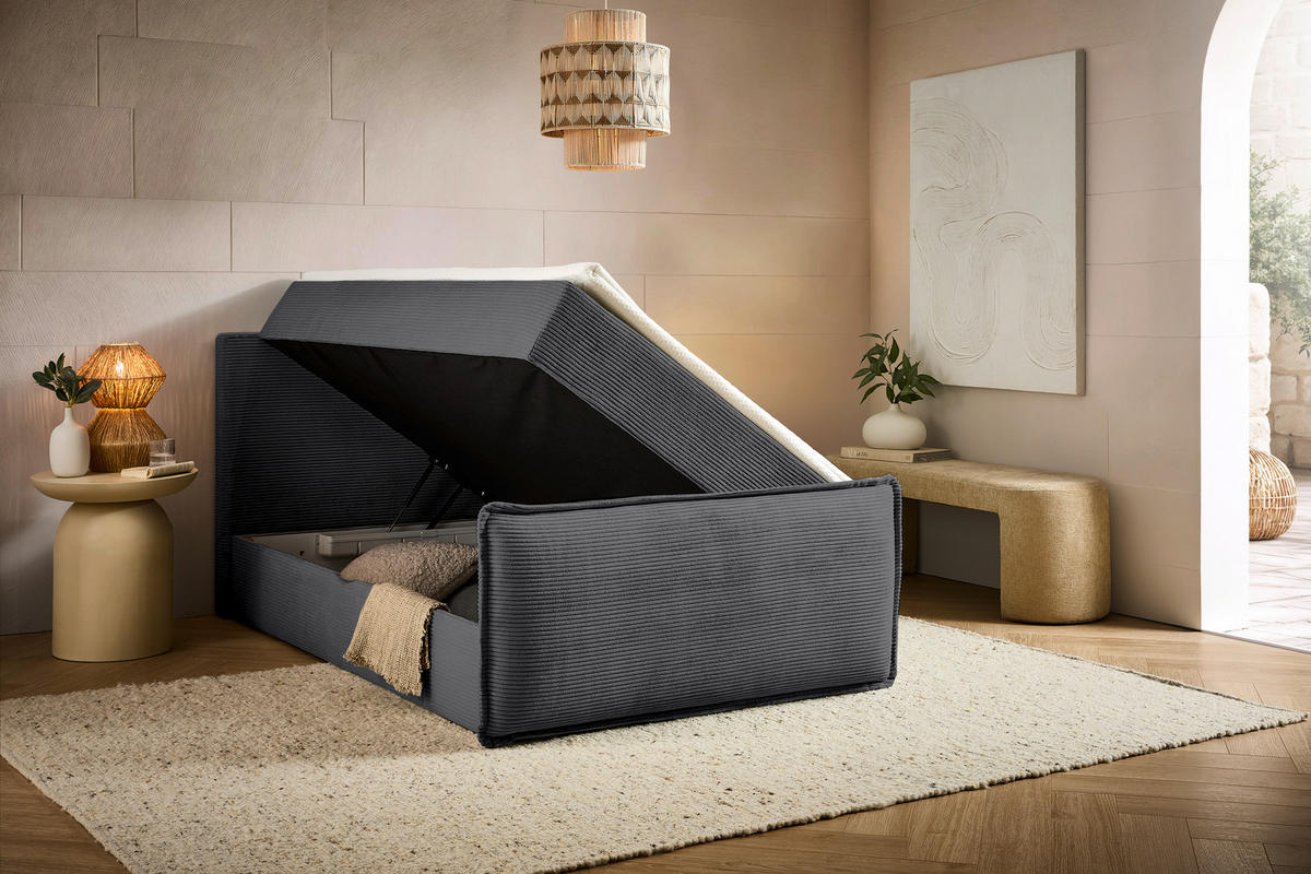 BOXBETT 120/200 cm,  in Anthrazit, Kissen, Bettkasten, Topper, H3 = fest  - Anthrazit/Schwarz, Design, Kunststoff/Textil (120/200cm) - Chameo