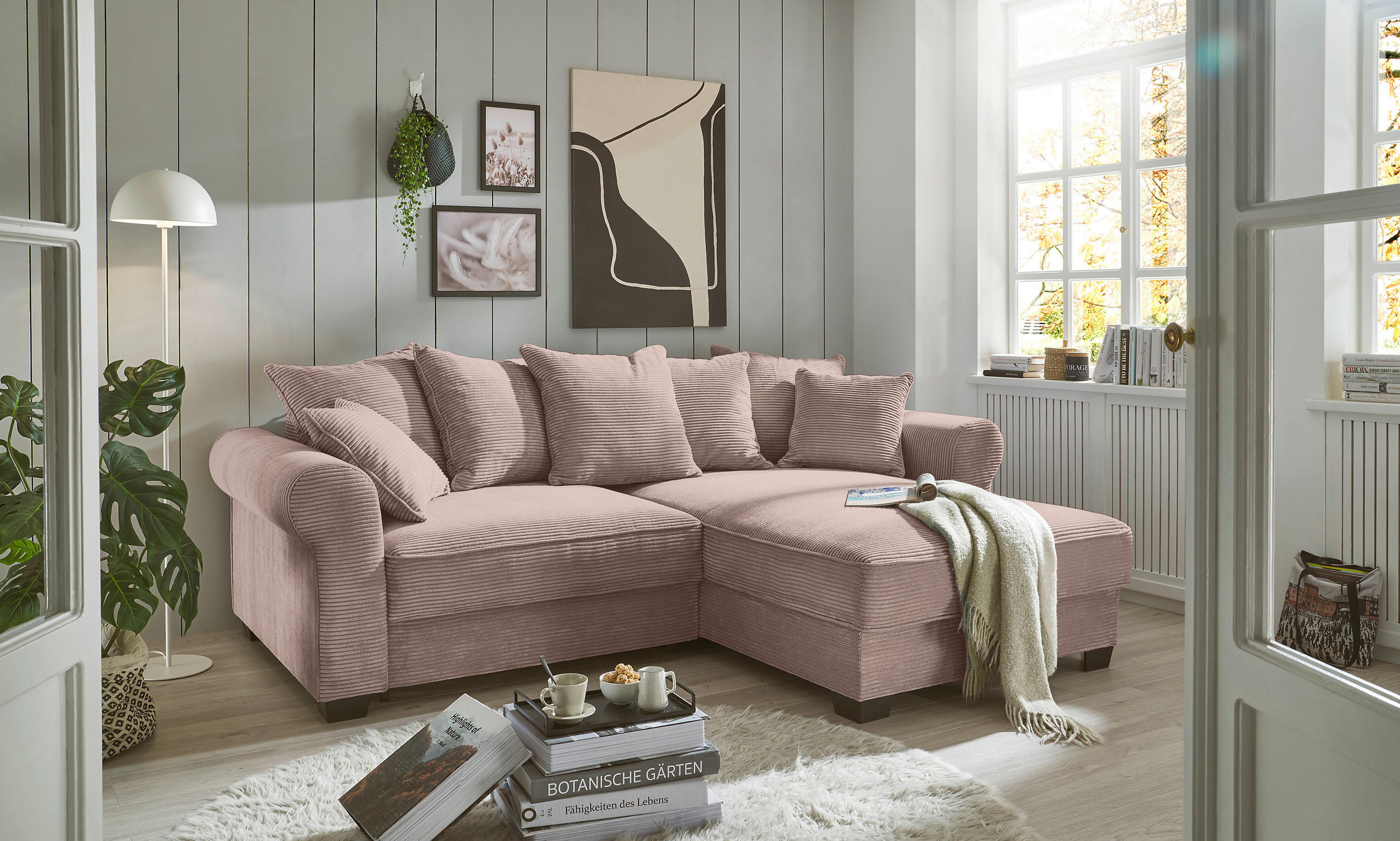 ECKSOFA Rosa Cord - Schwarz/Rosa, KONVENTIONELL, Kunststoff/Textil (255/185cm) - Hom`in
