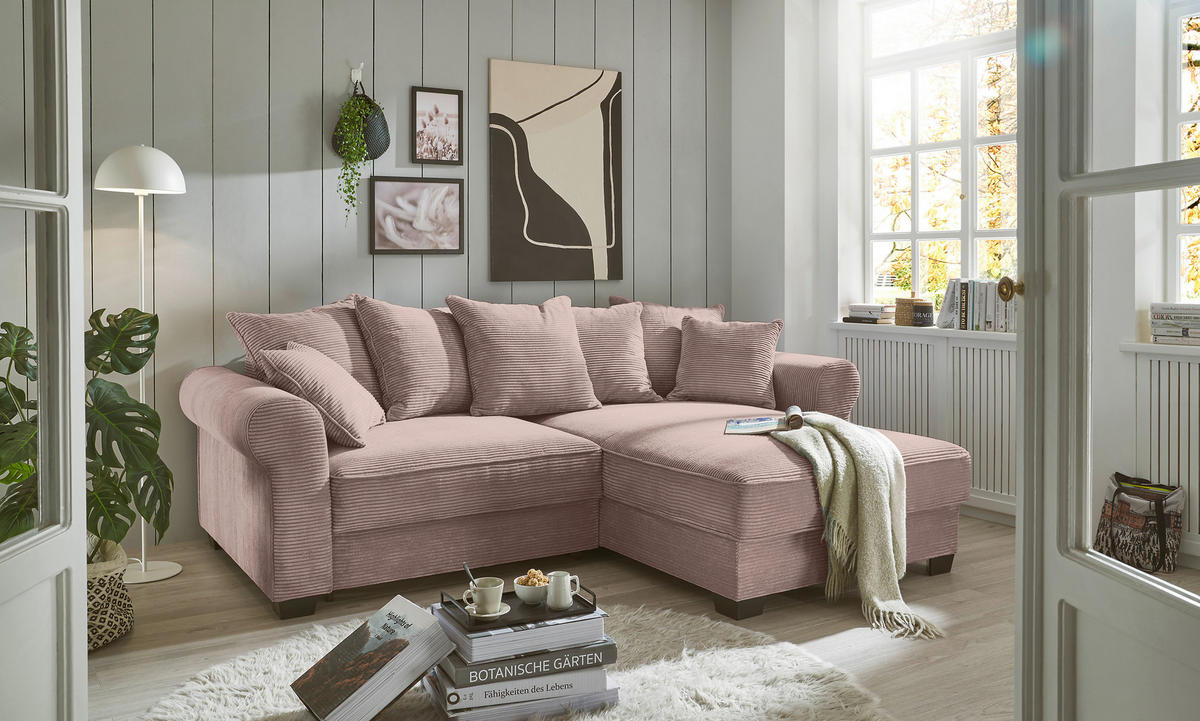 ECKSOFA in Cord Rosa  - Schwarz/Rosa, Konventionell, Kunststoff/Textil (255/185cm) - MID.YOU
