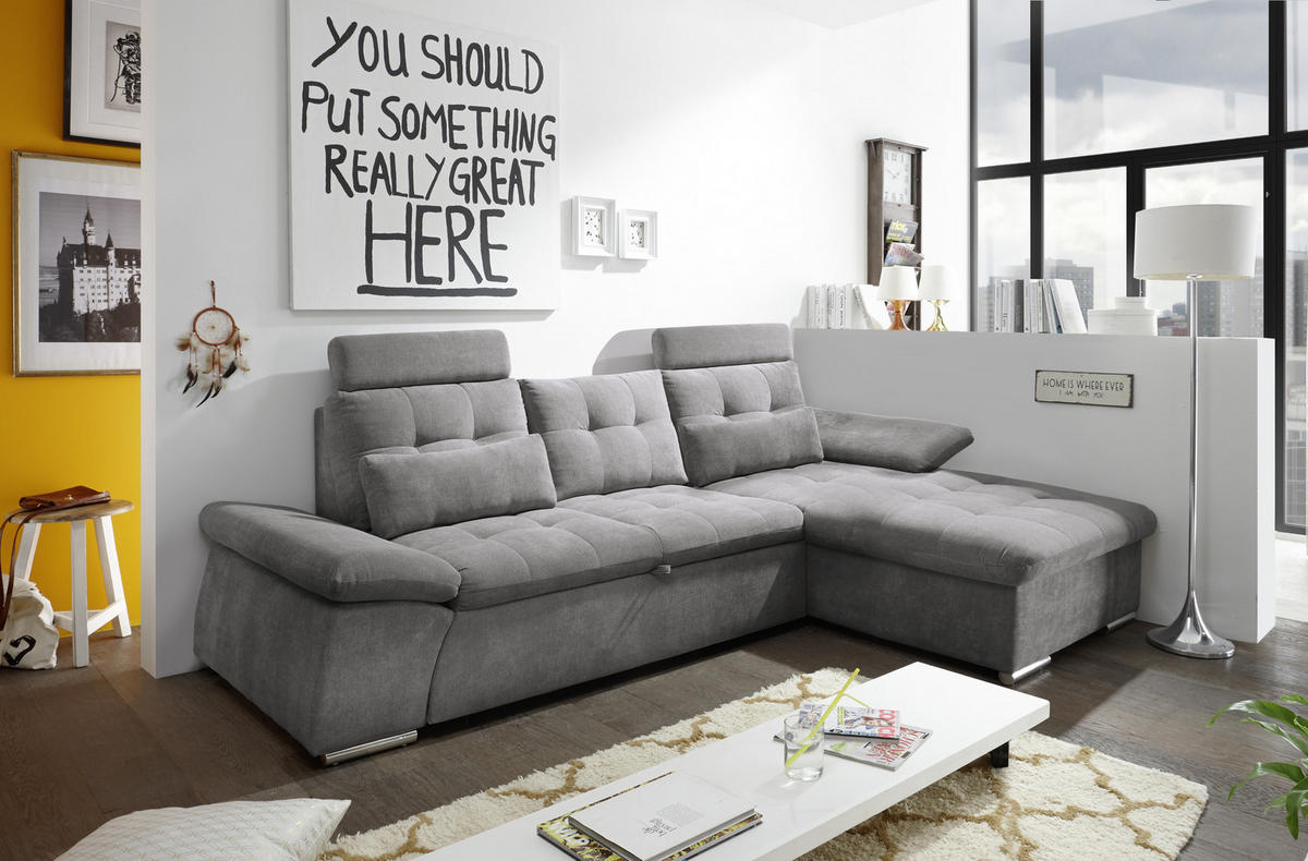 ECKSOFA Grau Mikrovelours  - Silberfarben/Grau, KONVENTIONELL, Kunststoff/Textil (268/170cm) - MID.YOU