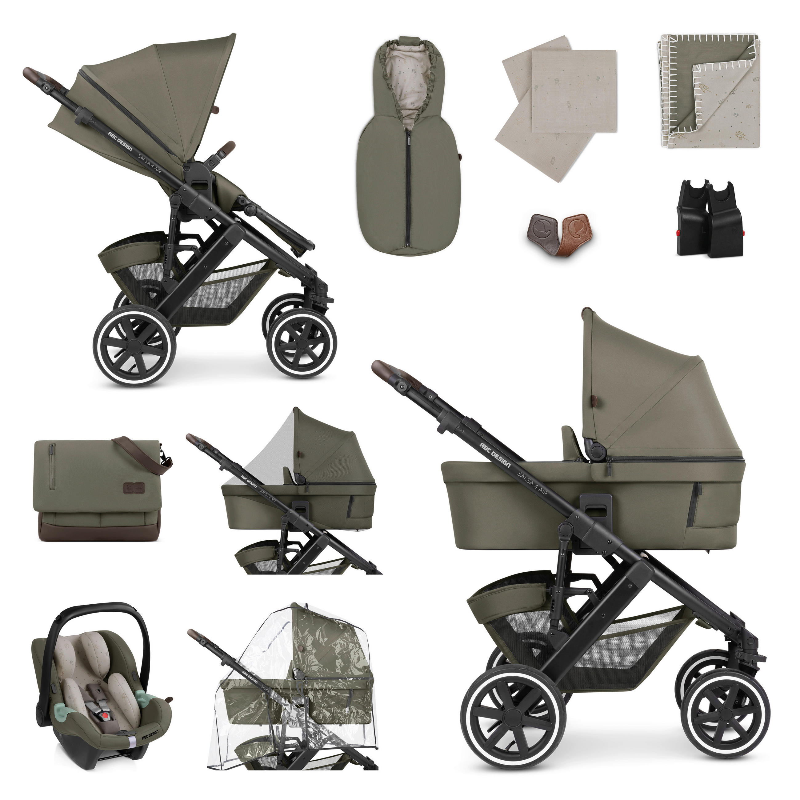 KINDERWAGENSET  Salsa 4 Air Starter Set  Wheat  - Schwarz/Olivgrün, Basics, Textil/Metall (77/35/110cm) - ABC Design