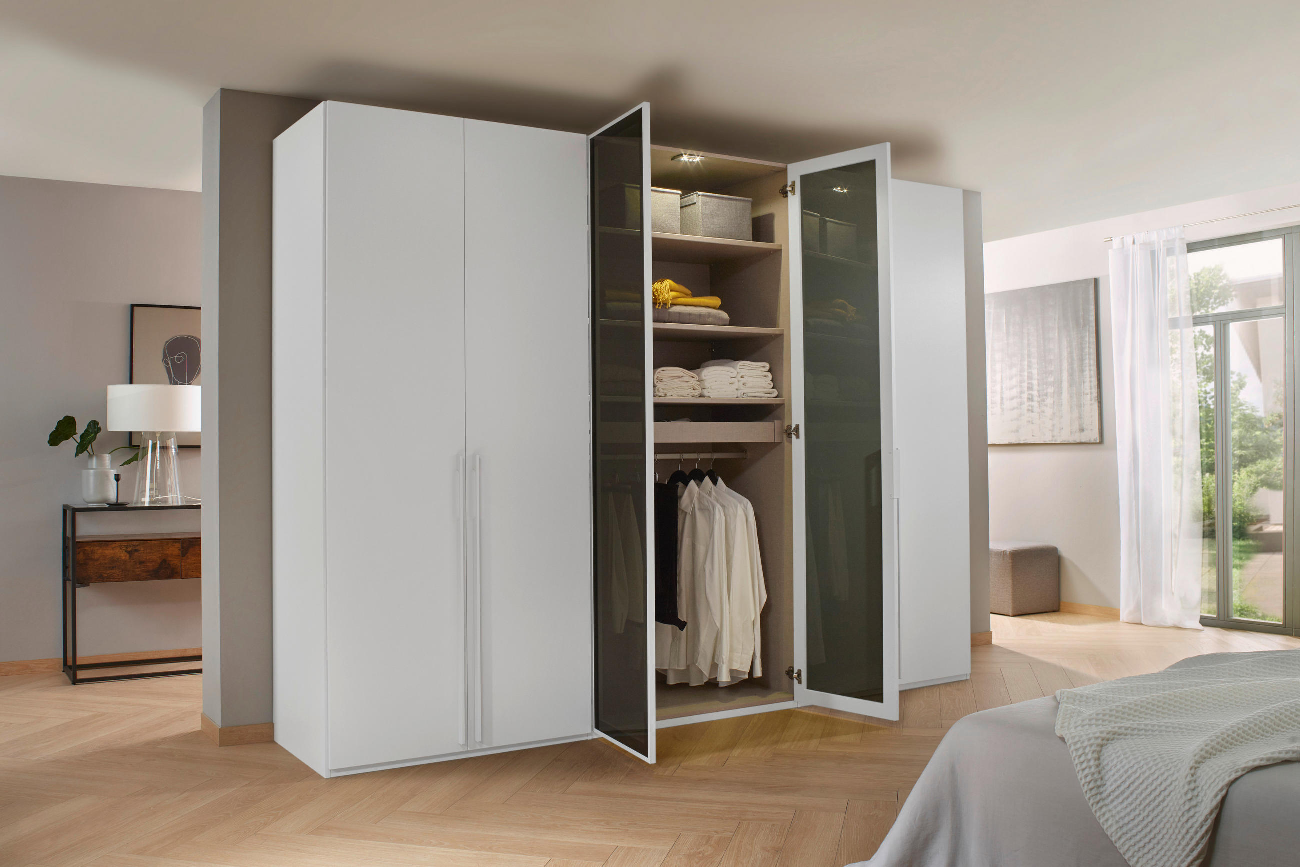 DREHTÜRENSCHRANK in Grau, Weiss  - Weiss/Grau, Trend, Glas/Holzwerkstoff (301/223/60cm) - Novel