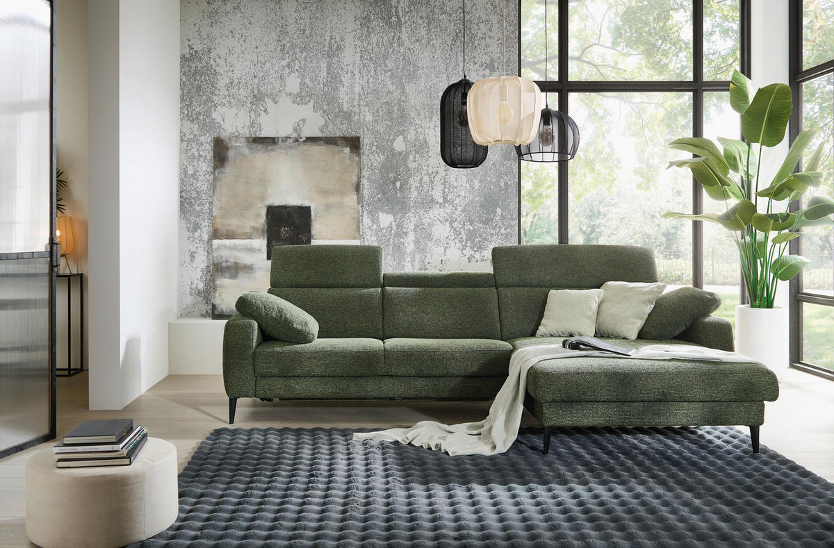 ECKSOFA Grün Chenille  - Schwarz/Grün, KONVENTIONELL, Textil/Metall (300/177cm) - Valdera